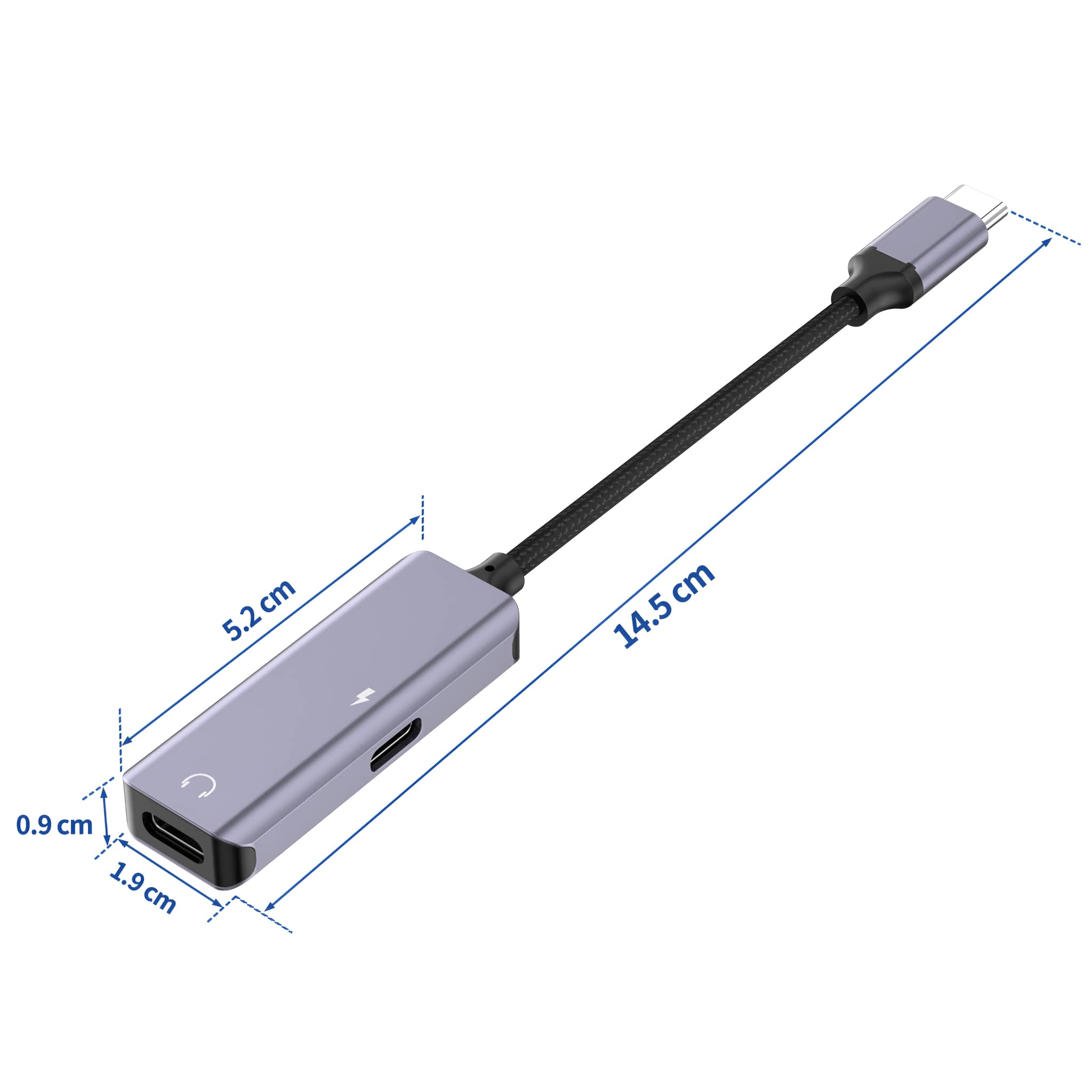 USB-C-zu-USB-C-Adapter mit Maßen. Schwarzes Kabel und silbernes Gehäuse.