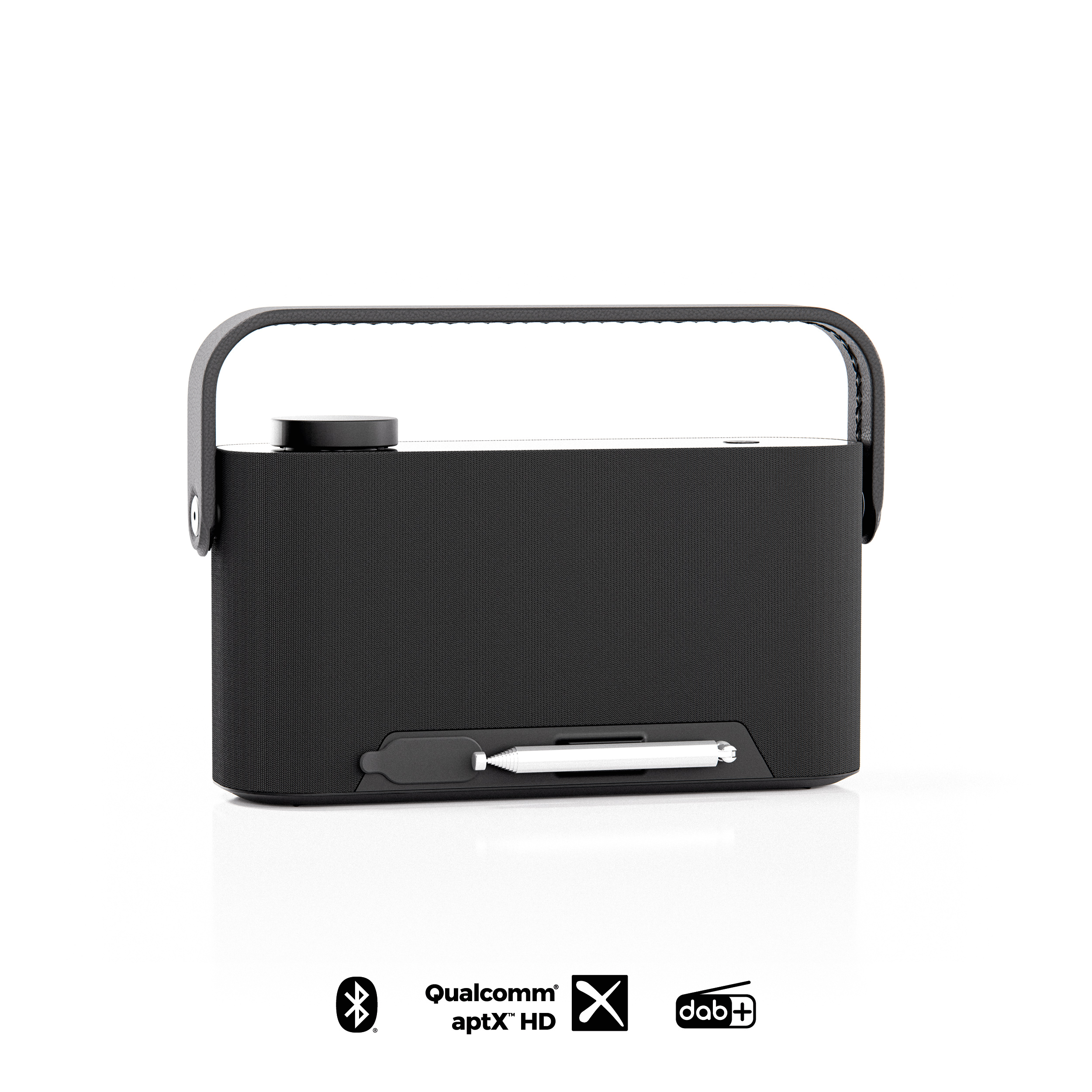 Schwarzer tragbarer Bluetooth-Lautsprecher mit Griff. Mit Bluetooth, Qualcomm aptX HD und DAB+.