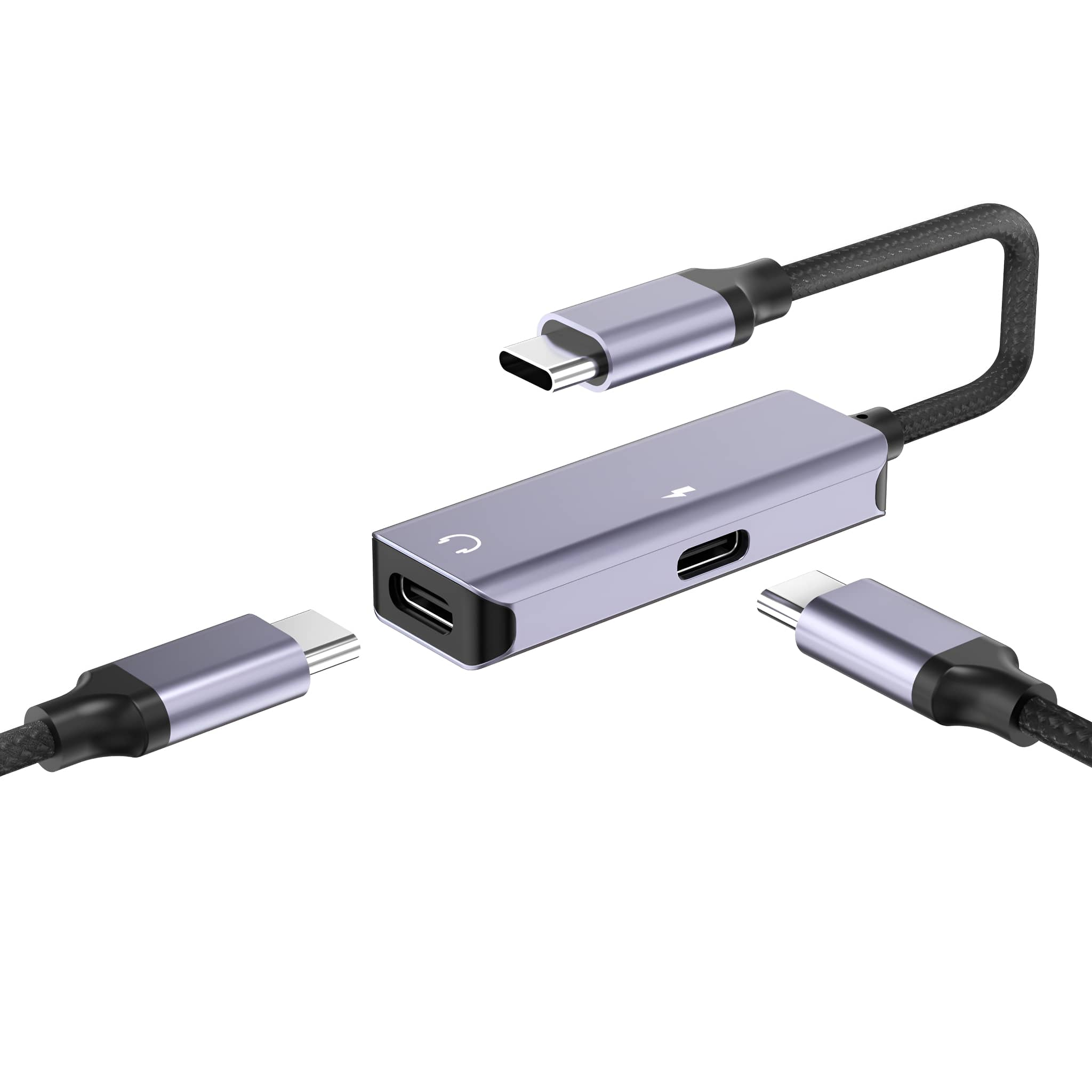 Silberner und grauer USB-C-Adapter mit mehreren Anschlüssen und Kabeln. Er hat 3 USB-C-Anschlüsse.