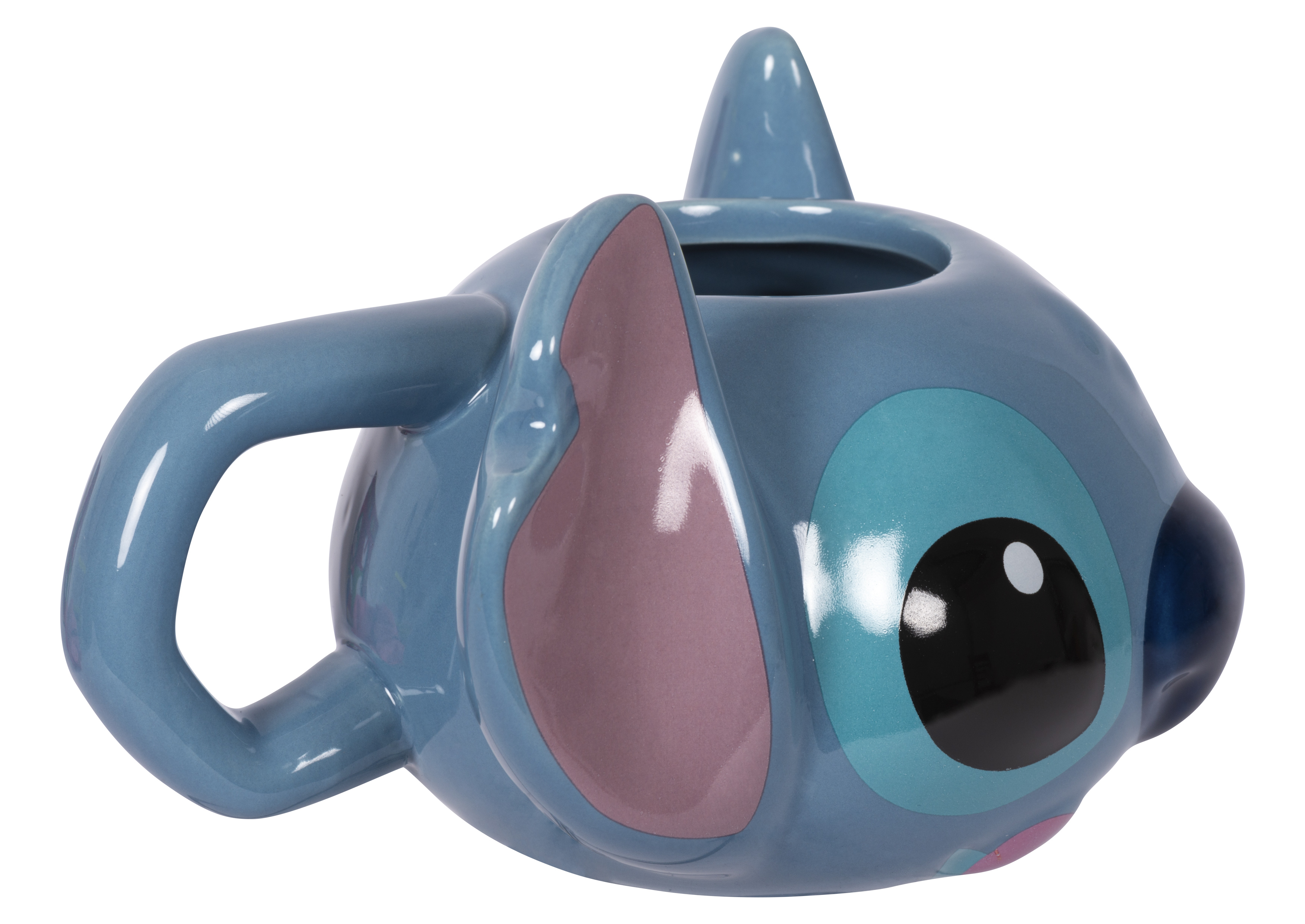 Eine Stitch-förmige Tasse, blau mit Henkel und Gesicht.