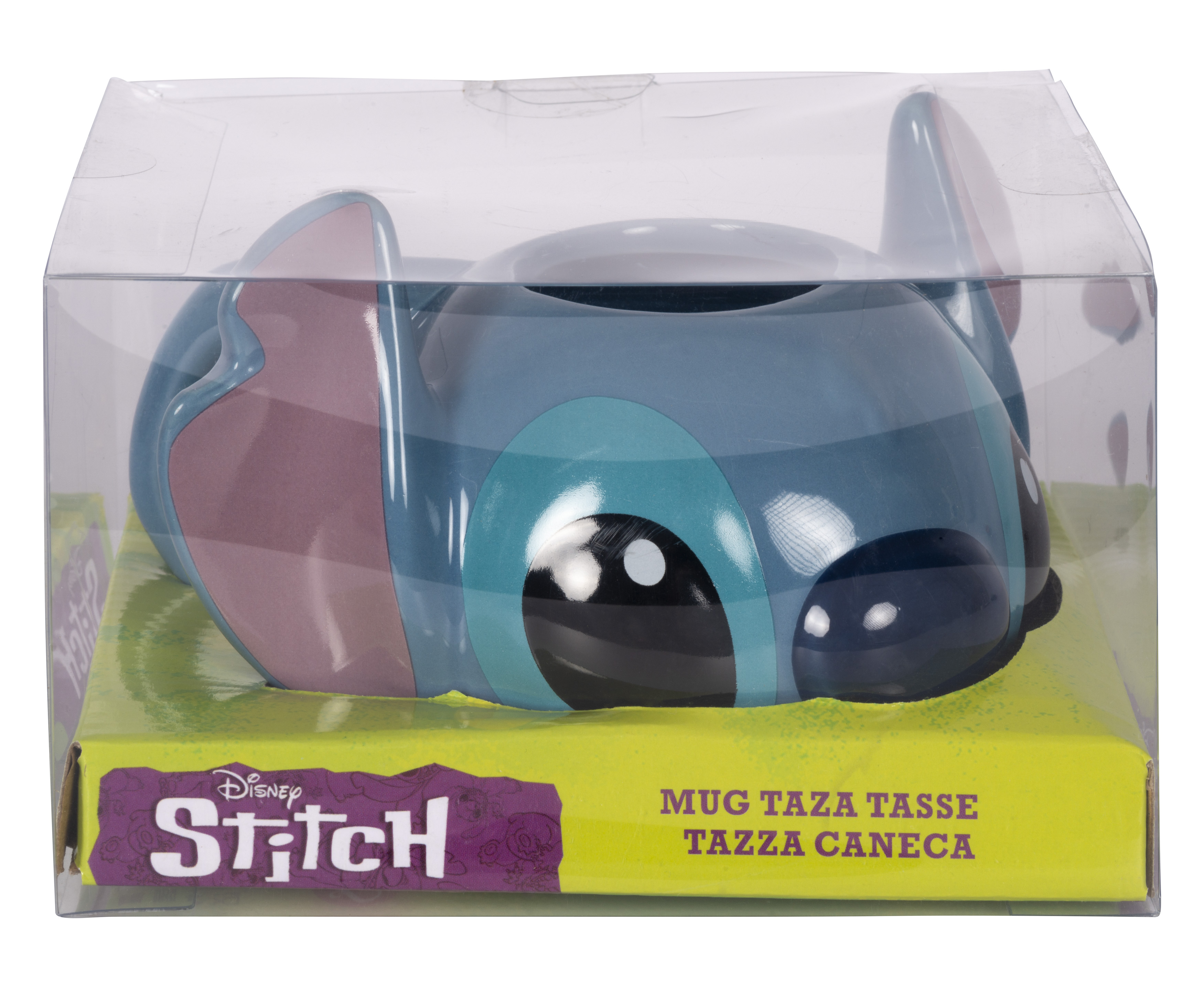 Eine Stitch-Tasse in einer transparenten Kunststoffbox mit Disney-Branding.