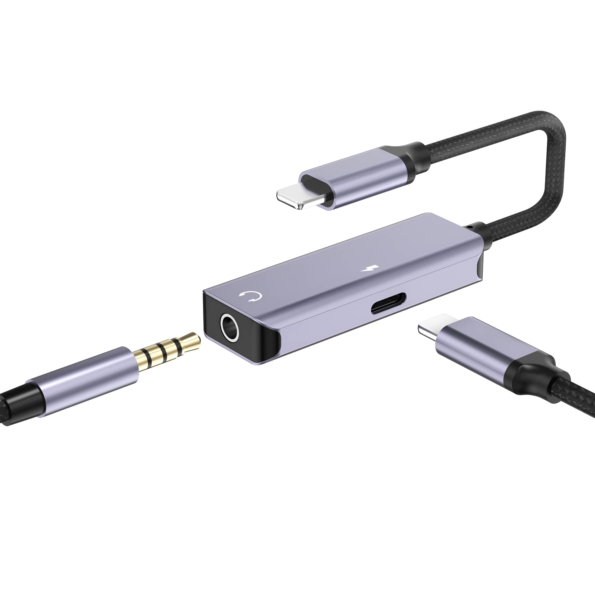 Adapter mit Lightning-, USB-C- und 3,5-mm-Klinkenanschlüssen. Silber und schwarz mit geflochtenem Kabel.