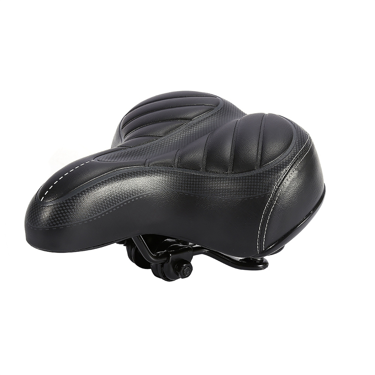 Schwarzer Fahrradsattel mit weißen Nähten. Zweiteiliges Design. Weißer Hintergrund.