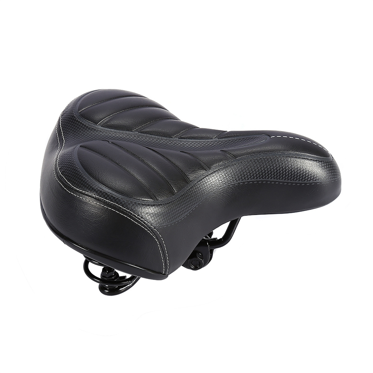 Schwarzer Fahrradsattel mit strukturierter Oberfläche und weißen Nähten.