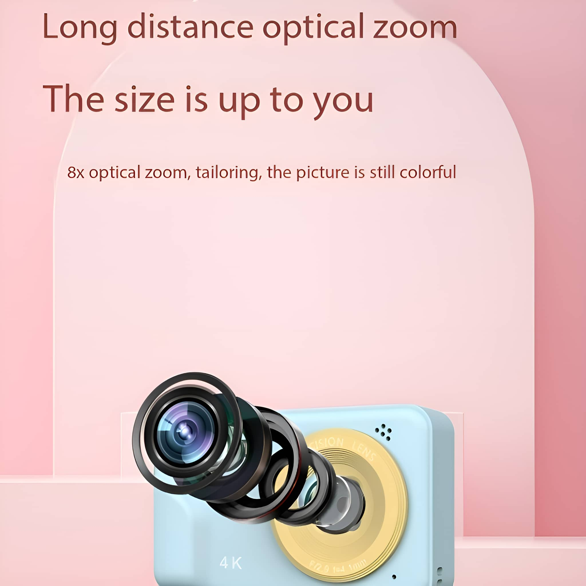 Eine blaue Digitalkamera mit Objektivsystem vor rosa Hintergrund, Text über Zoom.