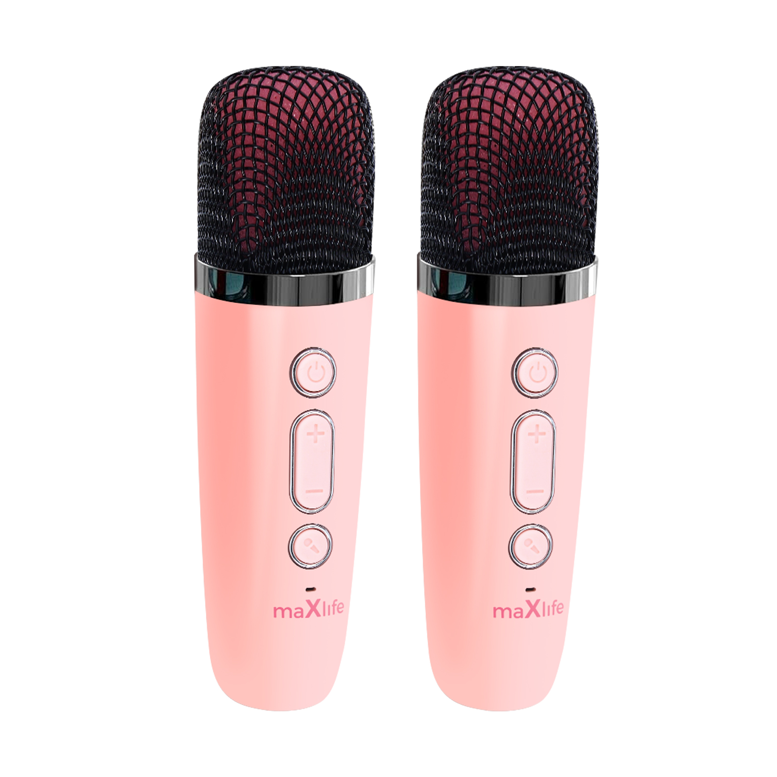 Due microfoni rosa con top in rete nera. Ognuno ha pulsanti di accensione/spegnimento, volume e un logo.