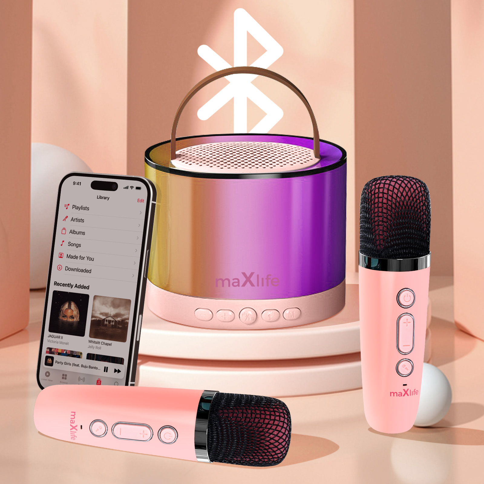 Altoparlante rosa e viola con microfono e telefono che mostra una playlist.