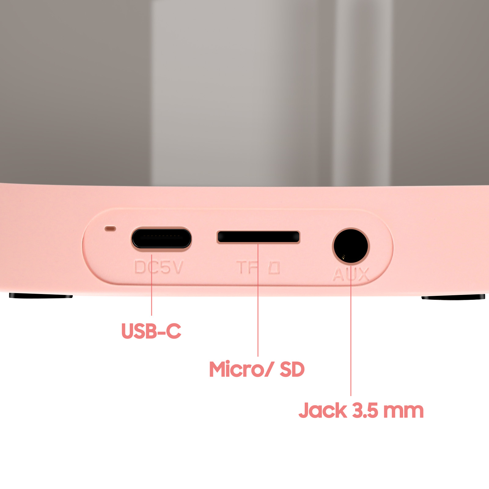 Primo piano di un altoparlante rosa con porte USB-C, Micro/SD e AUX.