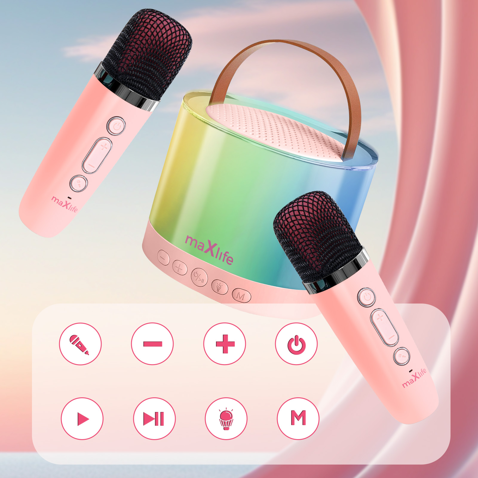 Un set karaoke rosa con due microfoni e un altoparlante. Ci sono icone attorno all'altoparlante.