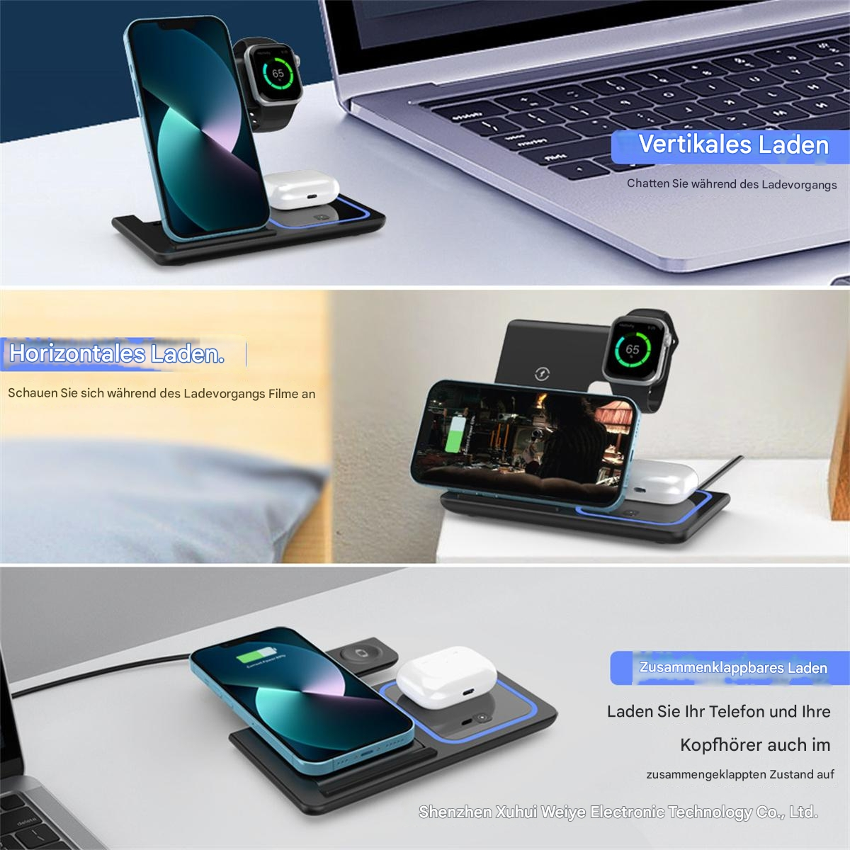 Mehrere Geräte werden an einer Ladestation aufgeladen. Telefon, Uhr und Ohrhörer.