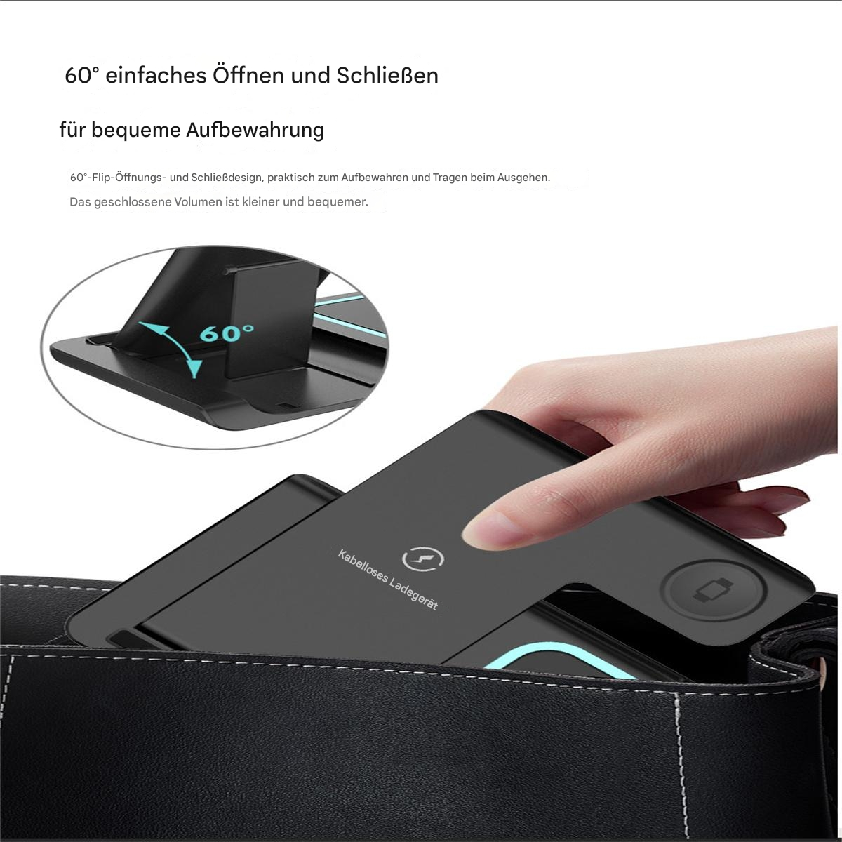 Die Hand einer Person nimmt ein Ladepad aus einer Tasche, das Ladepad ist schwarz.