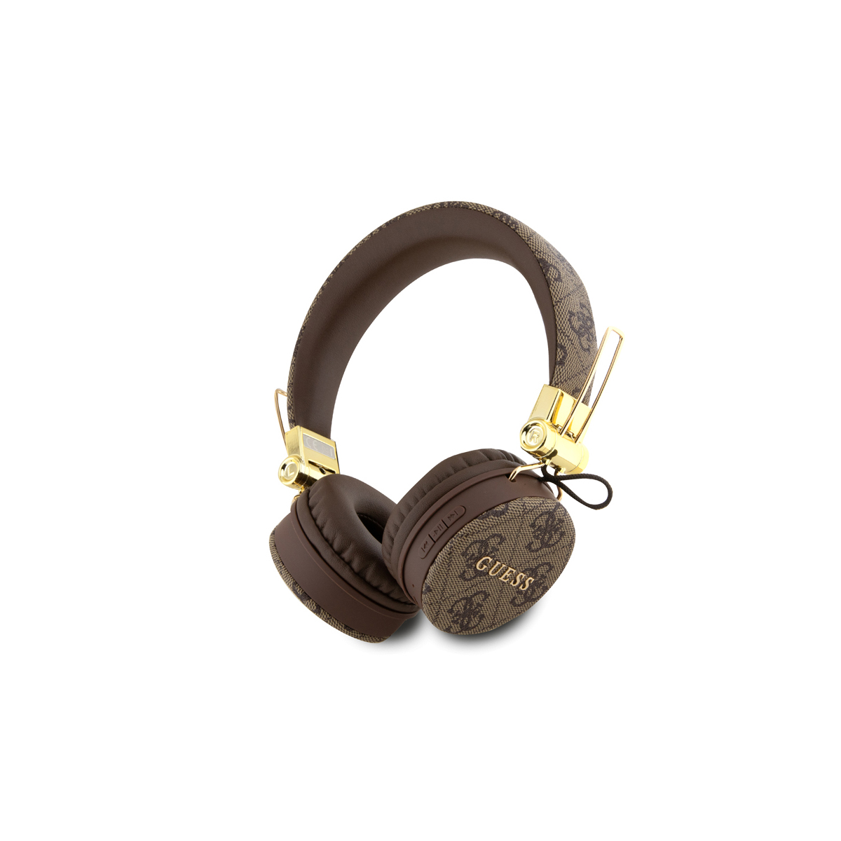 Auriculares Guess marrones y dorados sobre fondo blanco, ligeramente inclinados hacia la izquierda.