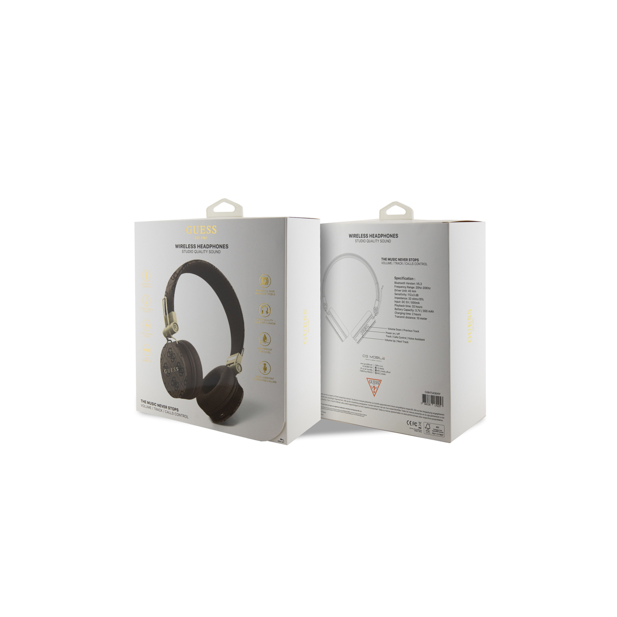 Una caja de auriculares inalámbricos Guess, que muestra el producto y las especificaciones.