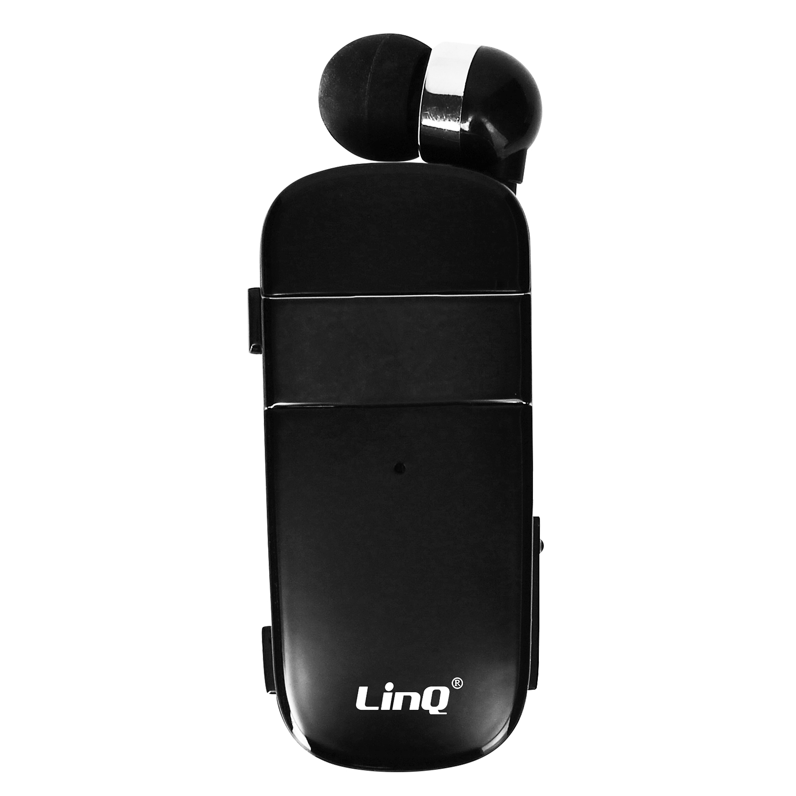 Auricolare LinQ nero con microfono, su sfondo bianco. La forma dell'auricolare è rettangolare.