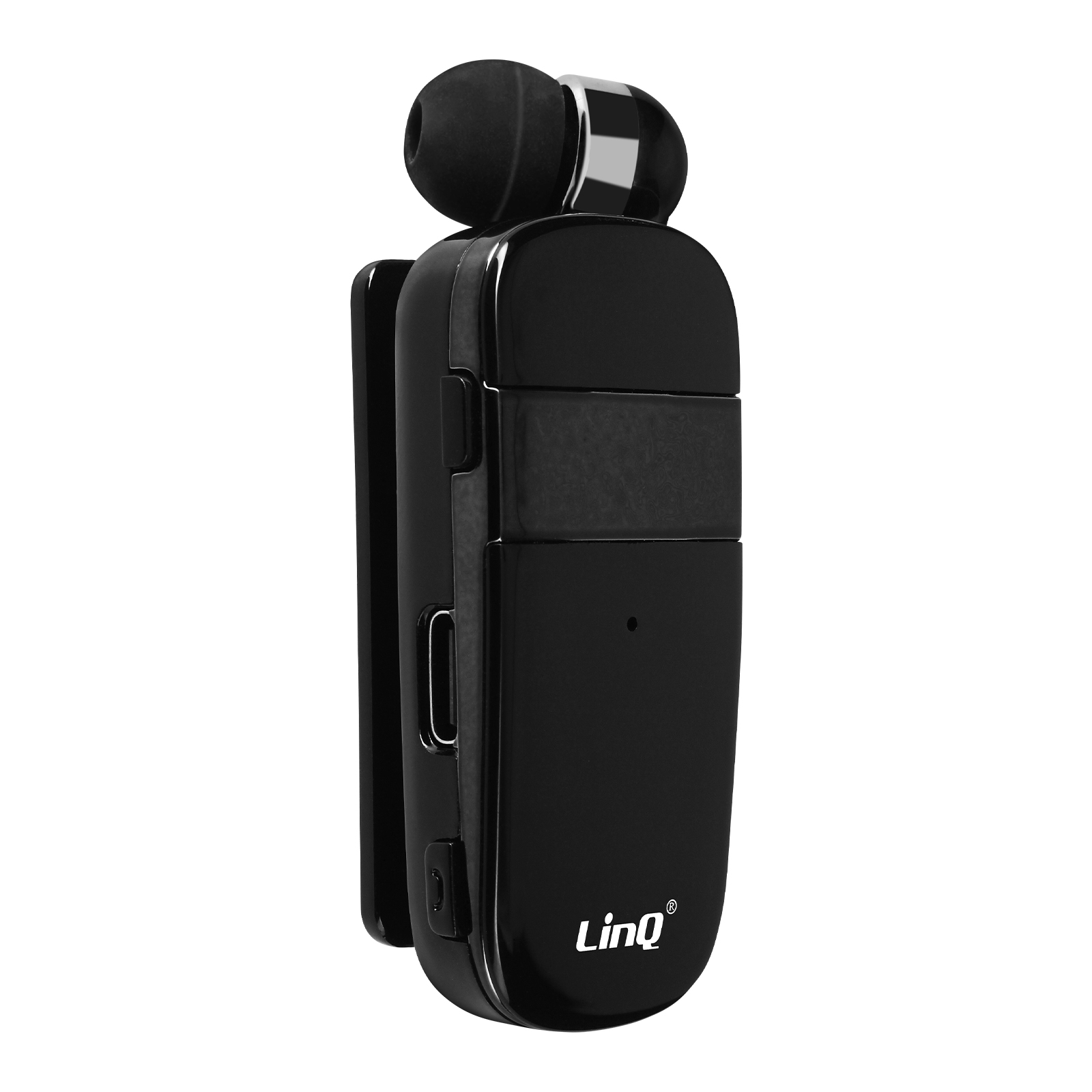 Auricolare Bluetooth nero con clip per attaccare ai vestiti. L'auricolare ha un logo LinQ.