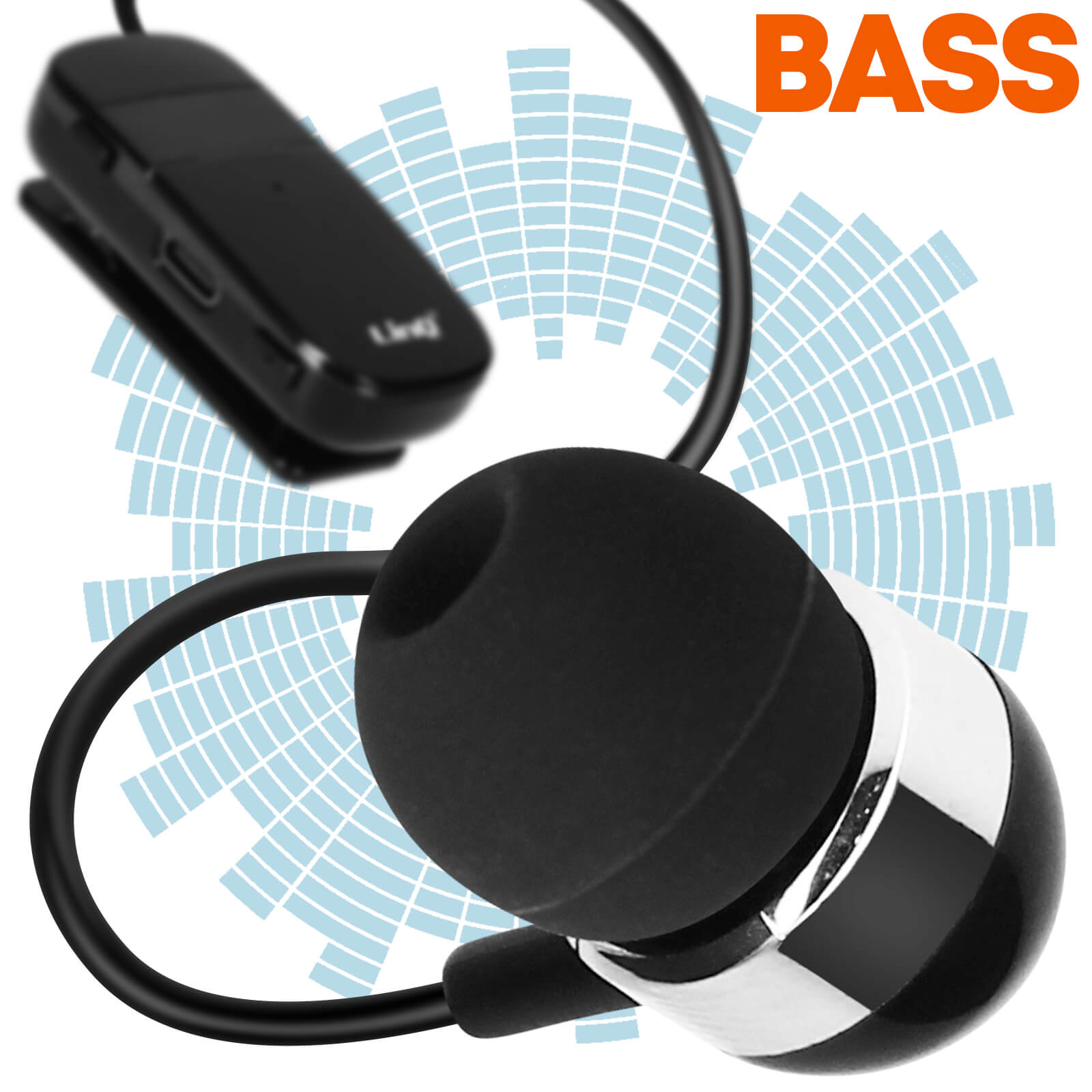 Auricolari neri con anello argentato e dispositivo a clip nero, la parola BASS è arancione.