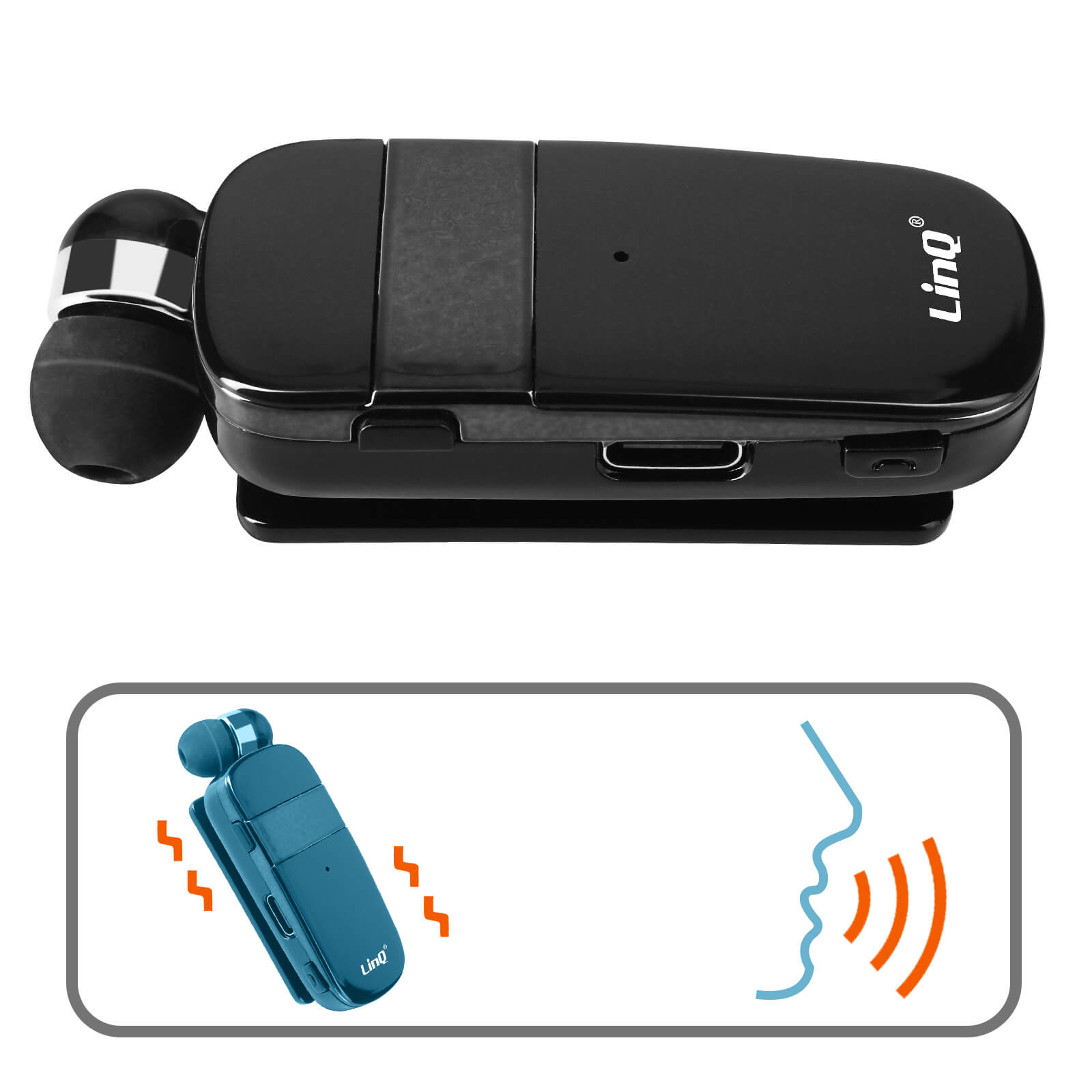 Cuffie Bluetooth nere e blu con custodia di ricarica. Sfondo bianco.