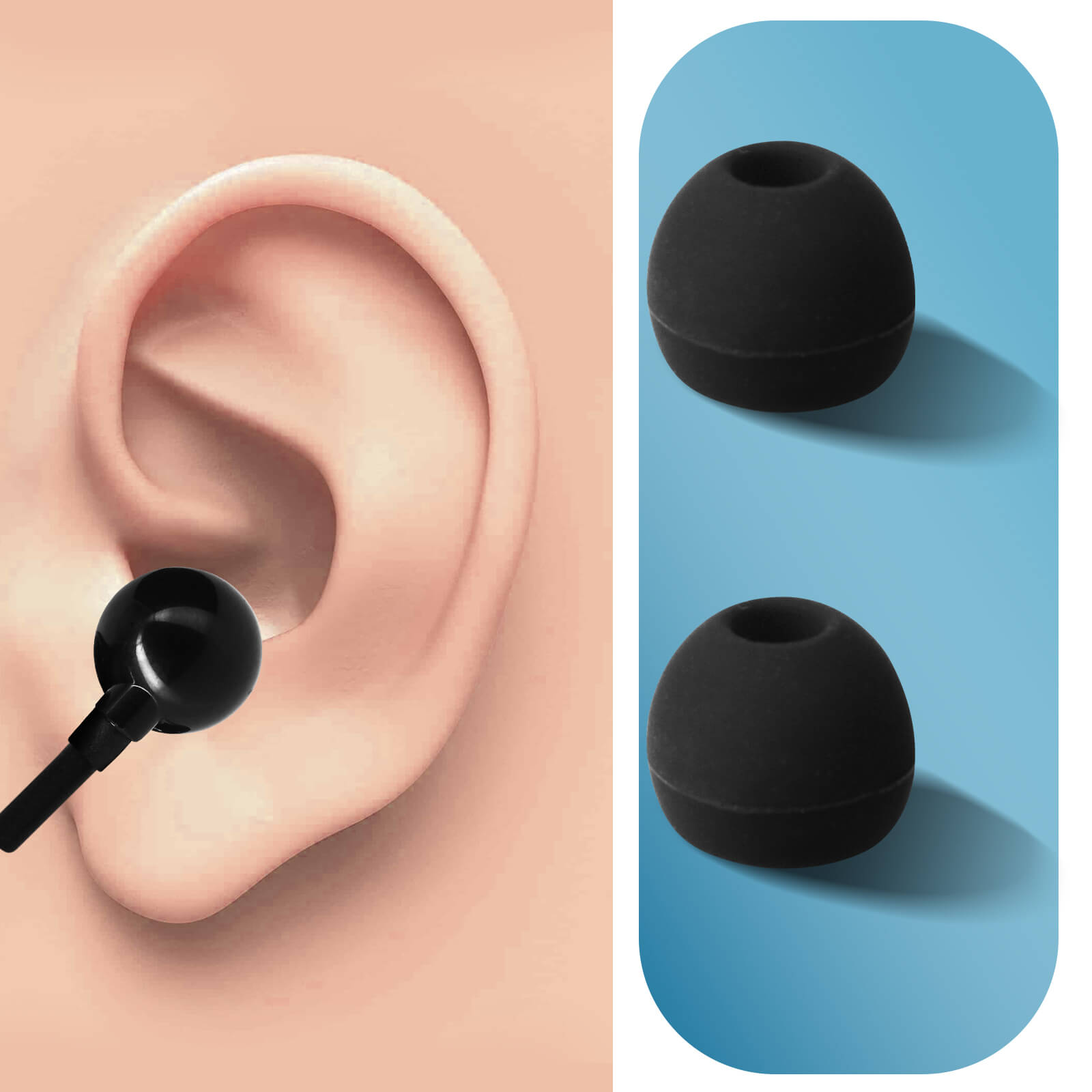 Un orecchio e due gommini neri per auricolari.