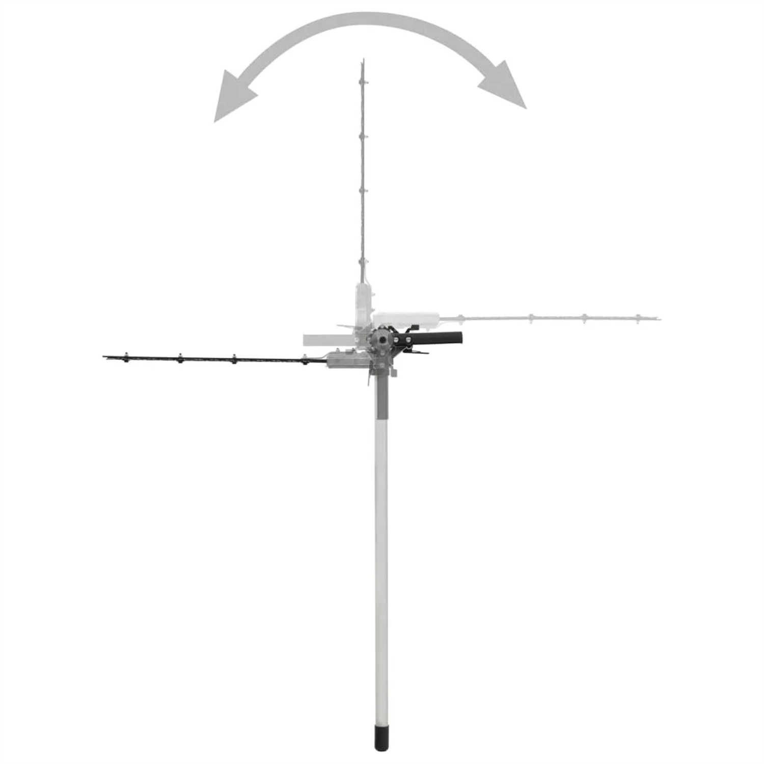 Eine Antenne mit Pfeilen, die Bewegung anzeigen, vor weißem Hintergrund.