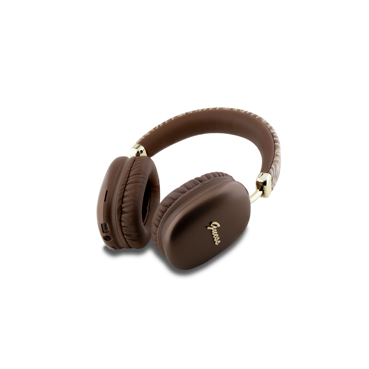 Casque Guess marron sur fond blanc, avec le logo Guess visible sur l'écouteur.