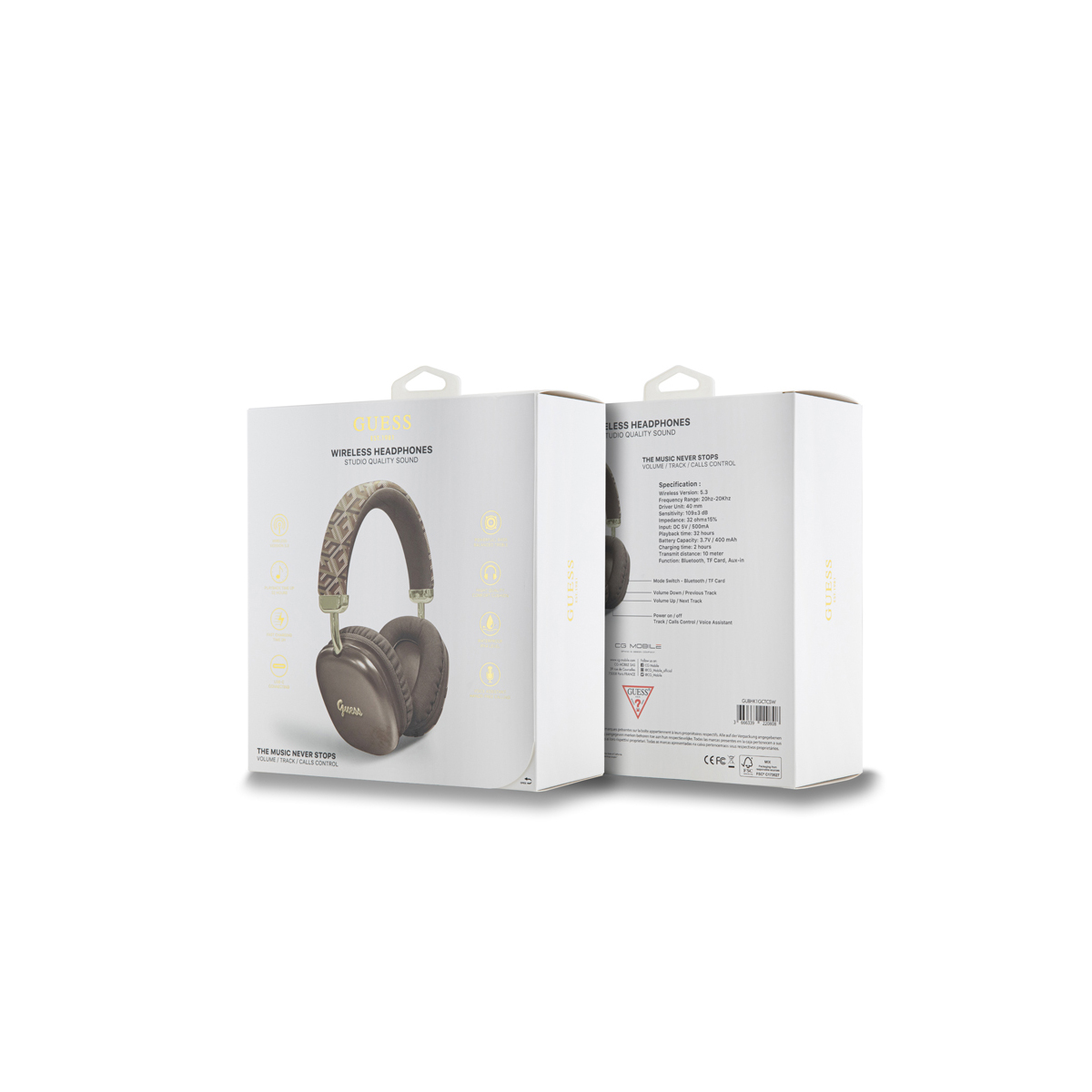 Casque dans une boîte, la boîte a une image du casque et certaines spécifications sont énumérées dessus.