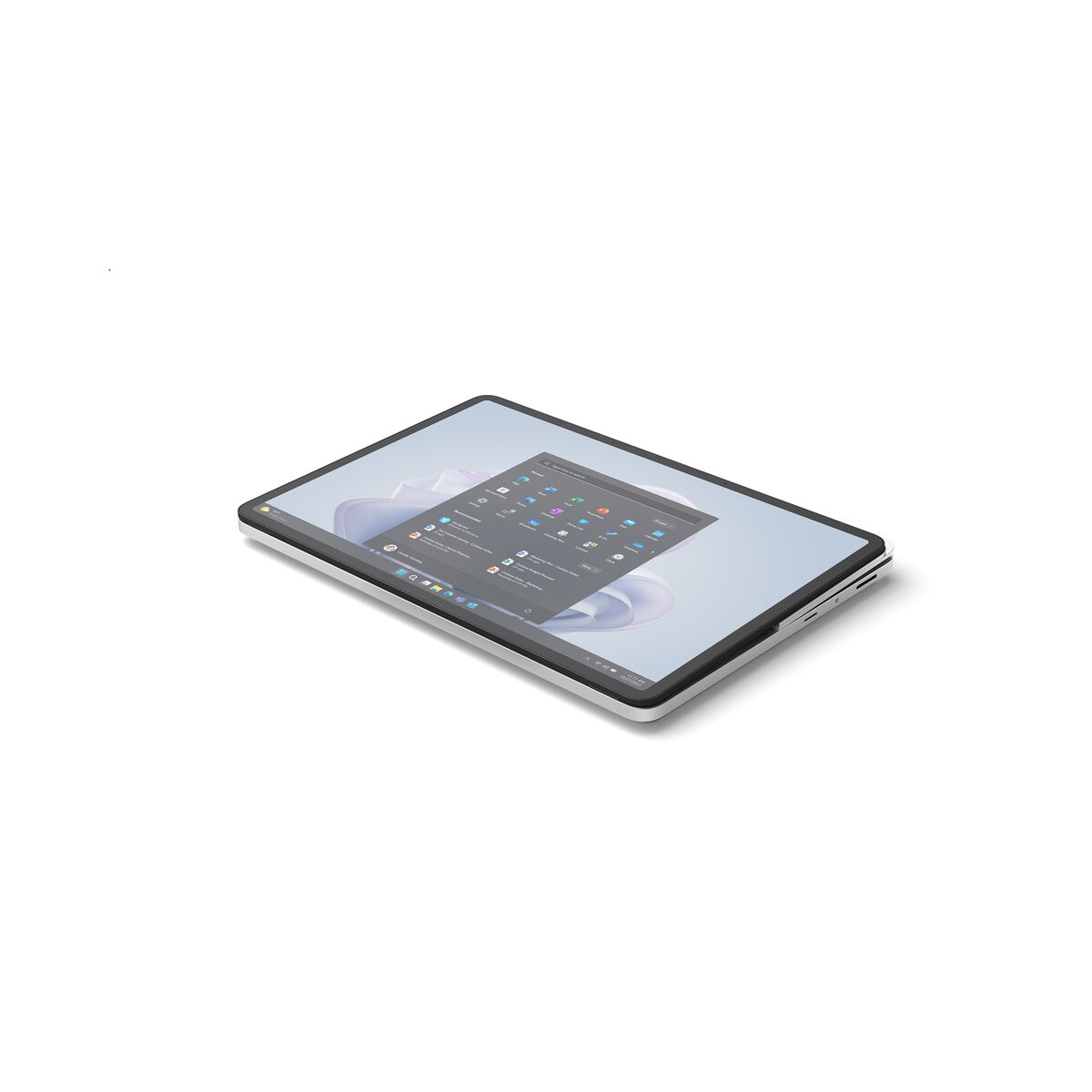 Tableta abierta, mostrando la interfaz de Windows 11. Fondo blanco.