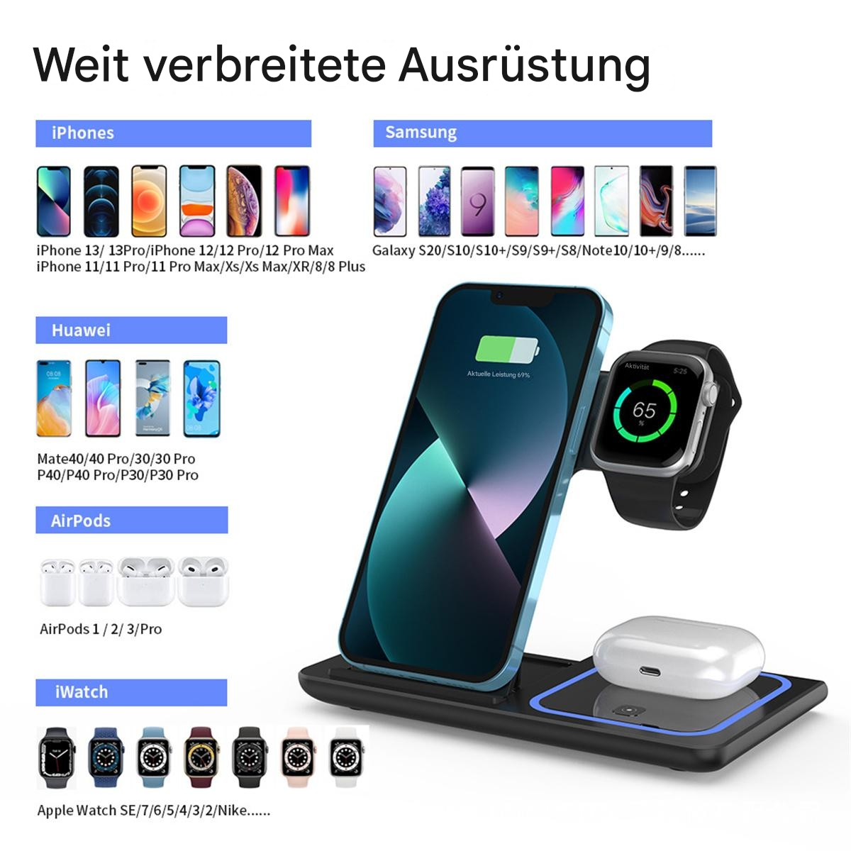 Eine kabellose Ladestation mit Telefonen und Uhren. Es gibt Telefone verschiedener Marken und eine Apple Watch.