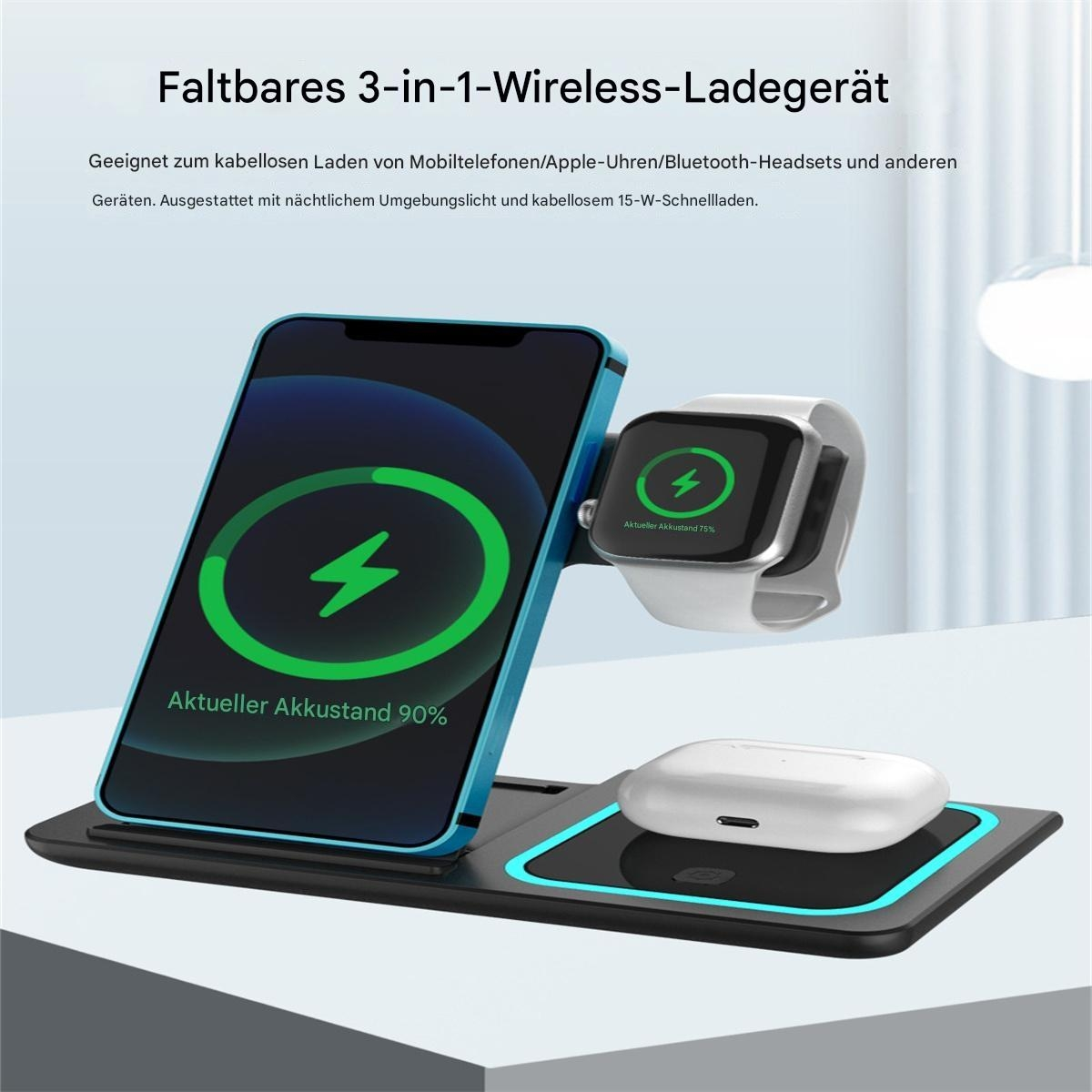 Kabellose Ladestation mit Telefon, Uhr und Ohrhörern. Zeigt das Aufladen des Akkus.