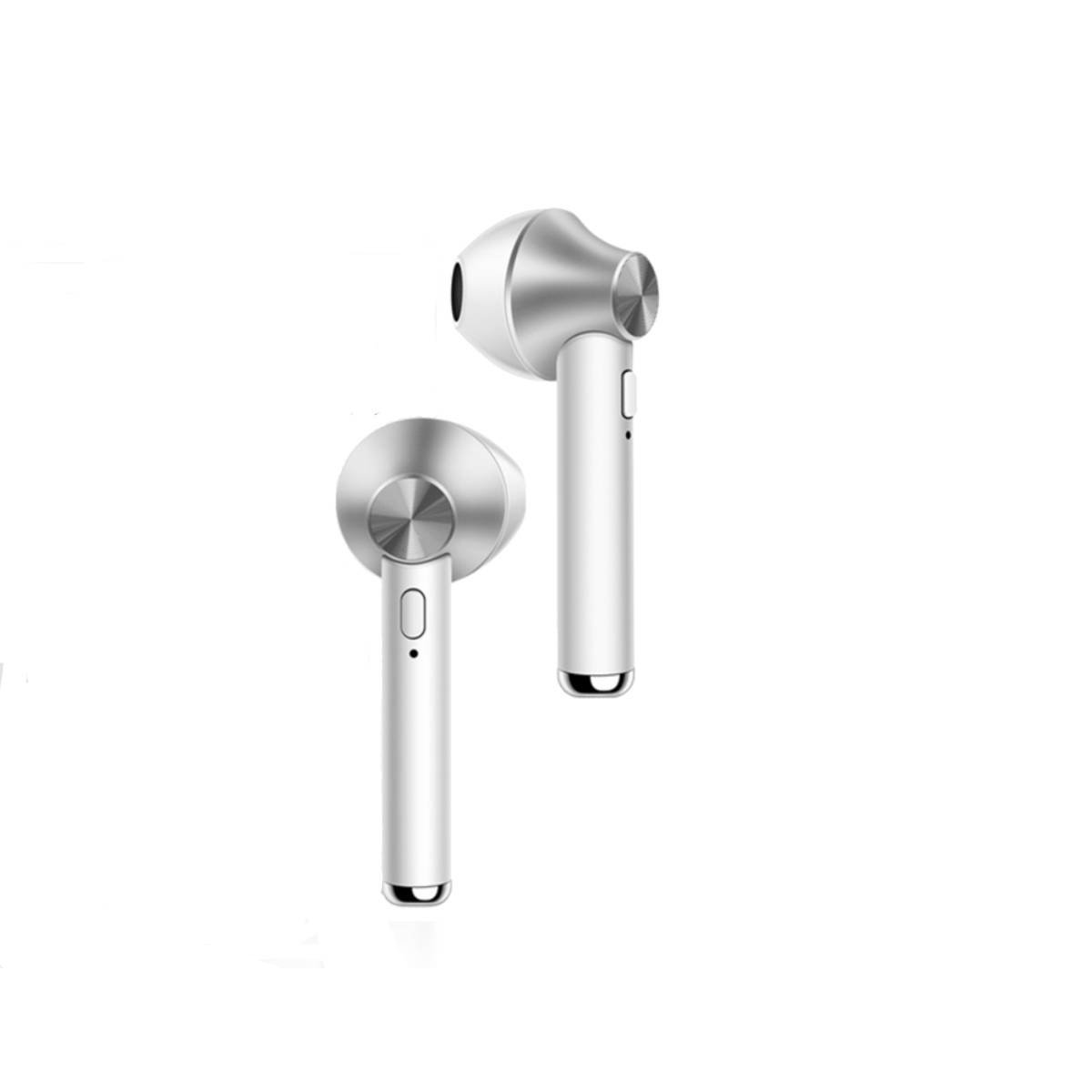 Due auricolari wireless argentati. Sfondo bianco.