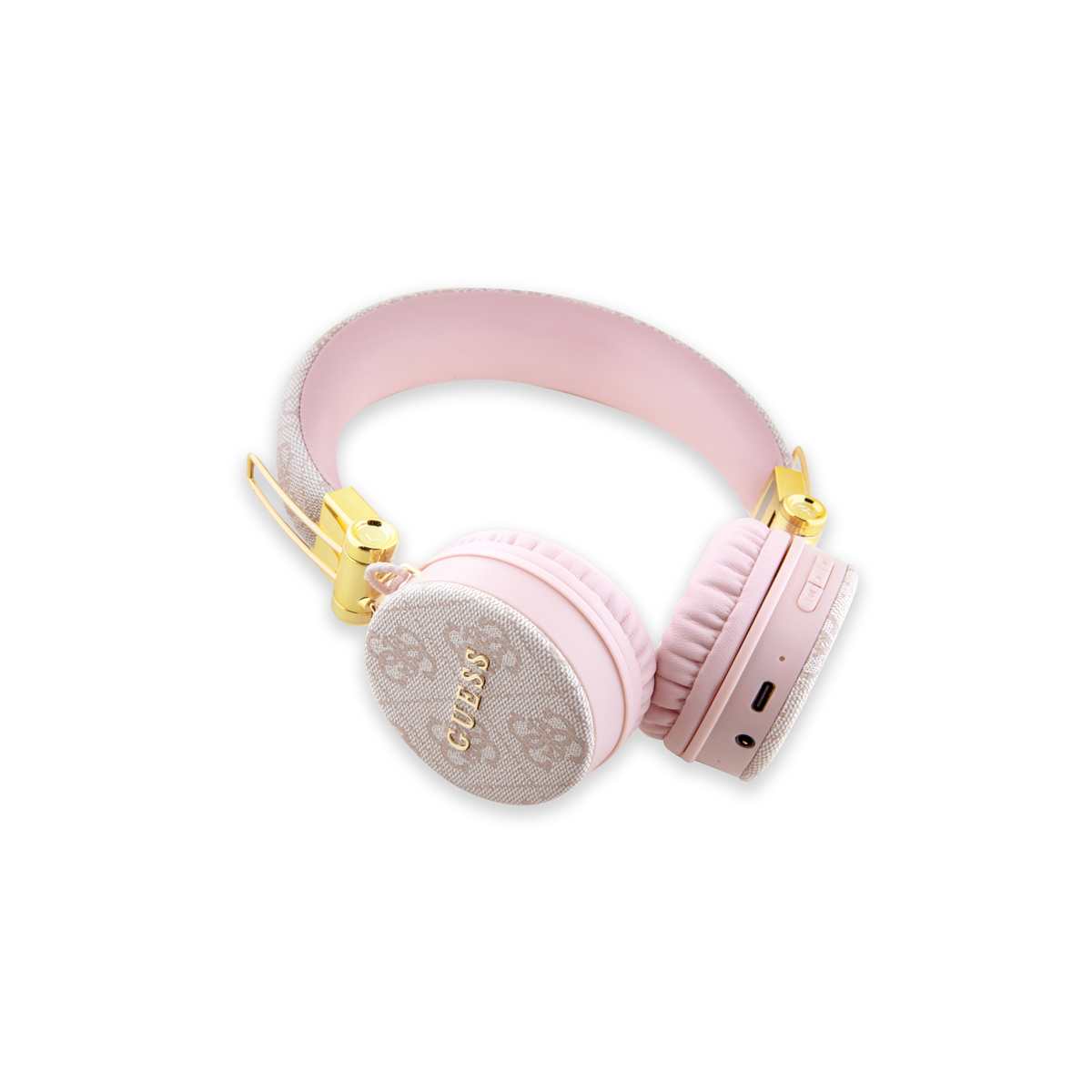 Auriculares Guess rosa y beige sobre fondo blanco. Detalles dorados. Vista superior.