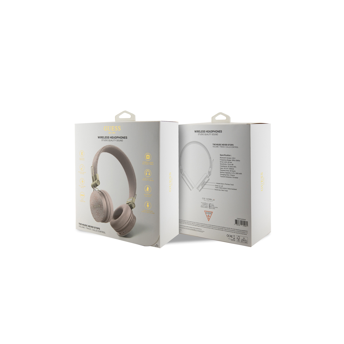 Dos cajas de auriculares inalámbricos Guess. Una caja está abierta, mostrando los auriculares dentro.