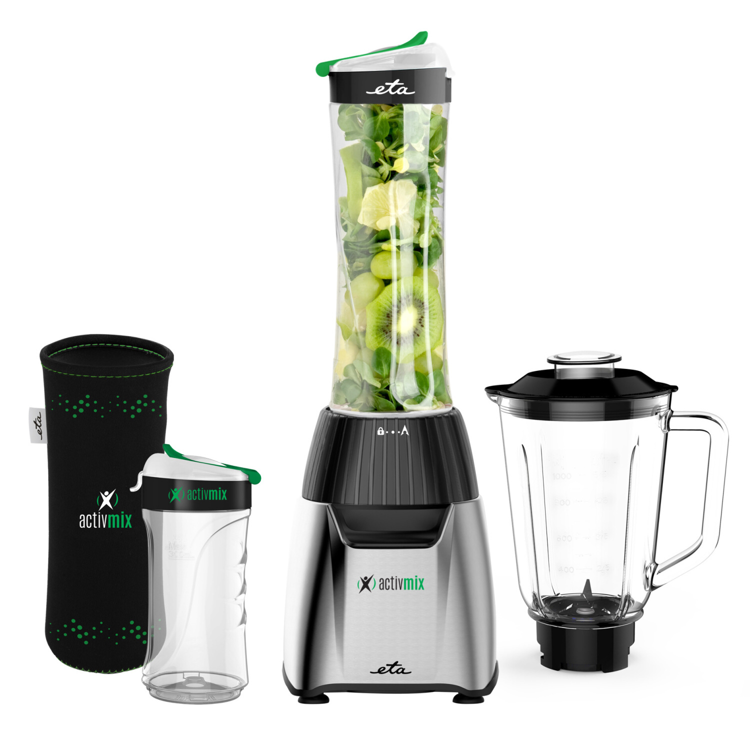 Mixer mit Zutaten. Enthält einen Behälter mit Zutaten, einen Mixer und einen separaten Krug.