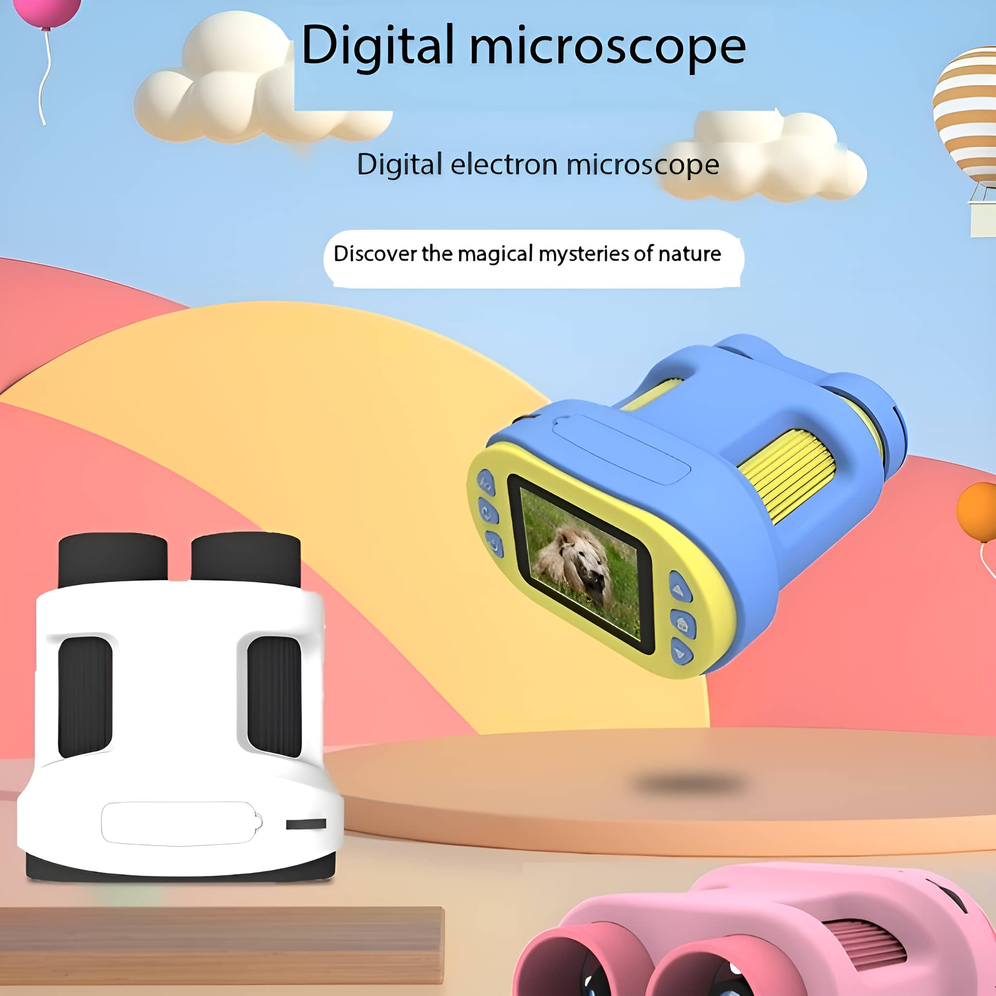 Digitales Mikroskop und zwei weitere Spielzeugmikroskope, eines weiß, eines rosa mit blauem Aufsatz.
