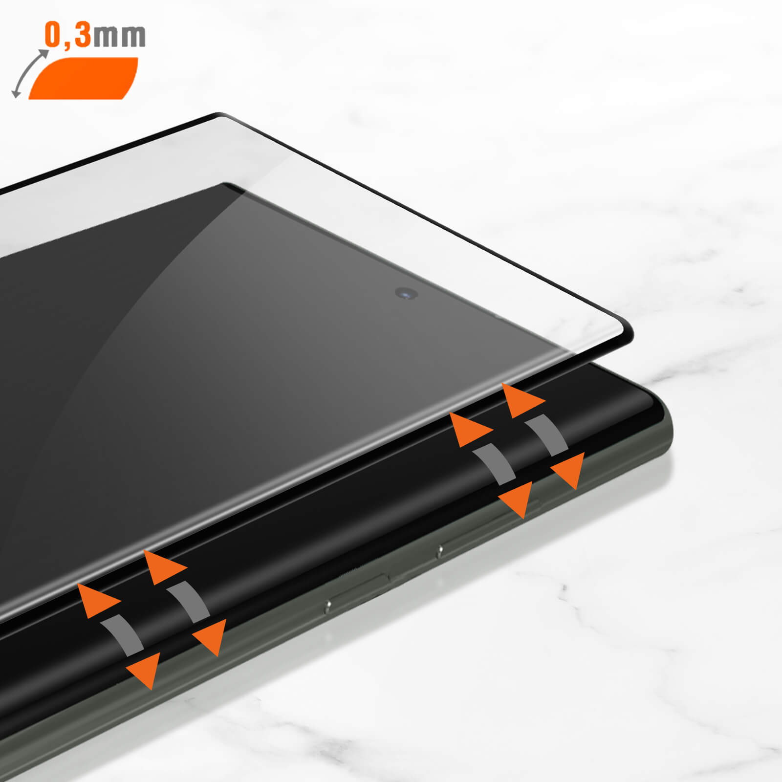 Una protezione schermo viene applicata a un tablet nero. Le frecce mostrano il posizionamento.
