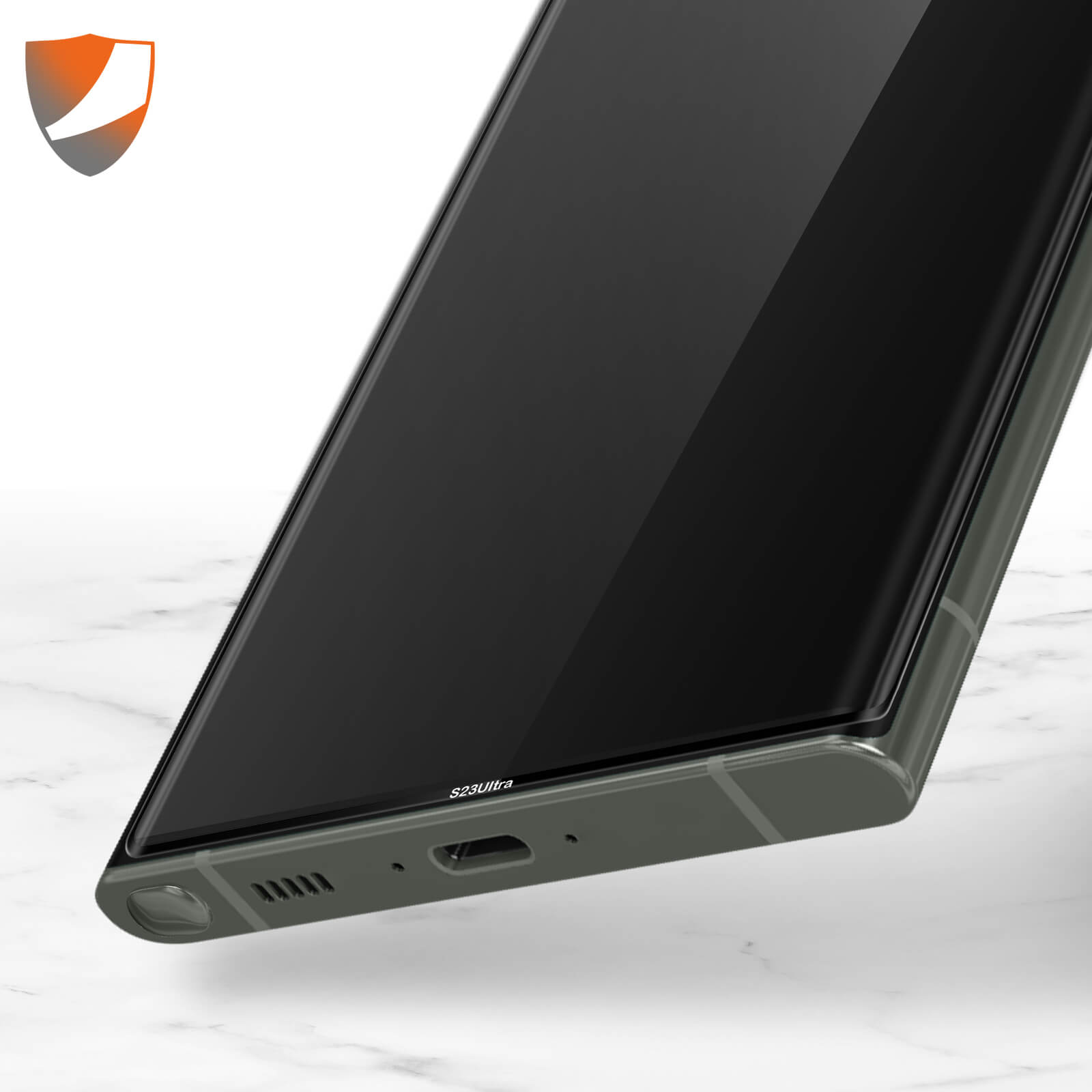 Primo piano di un telefono con protezione schermo. Il telefono è nero, schermo trasparente. Sfondo sfocato.