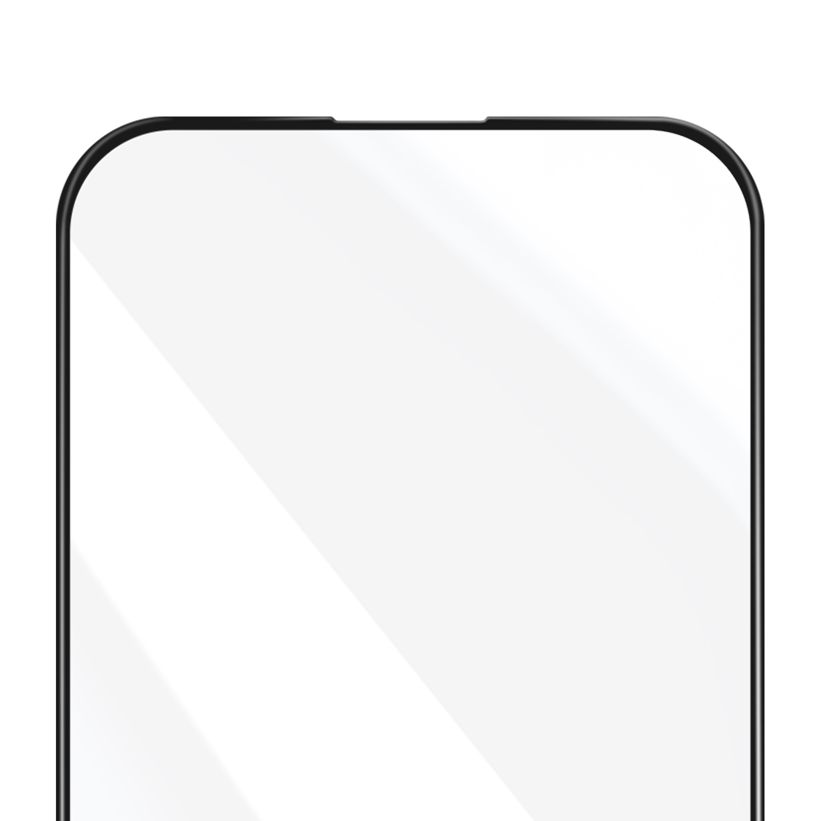 Proteggi schermo per smartphone. Cornice nera. Schermo bianco. Vetro trasparente. Primo piano.
