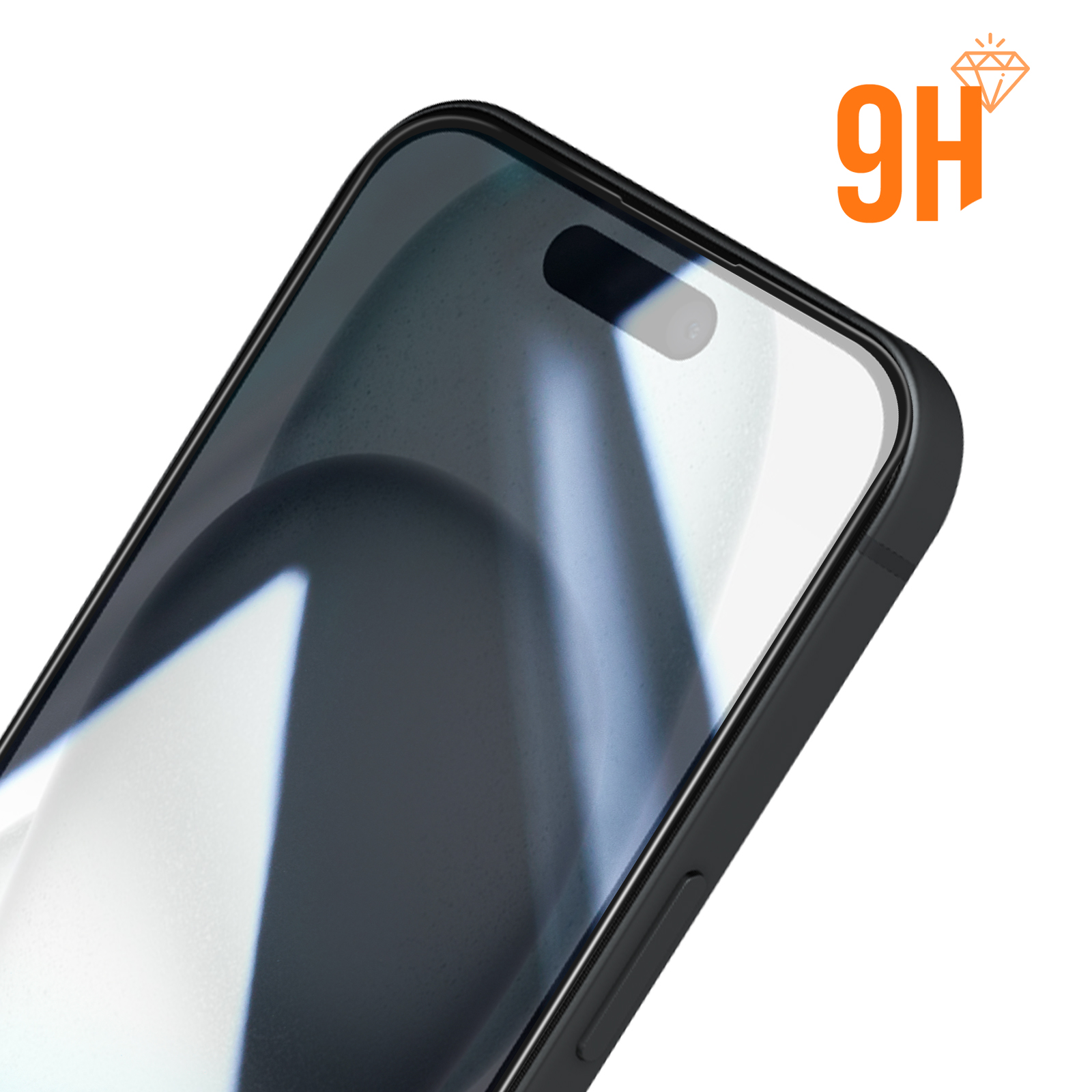 Uno schermo del telefono con una protezione schermo trasparente, con un simbolo diamante 9H.