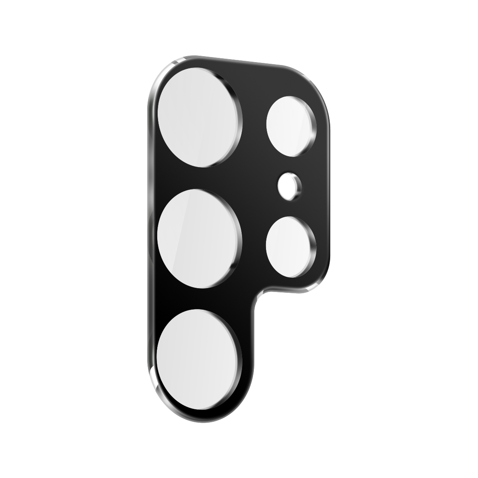 Protezione per lente della fotocamera del telefono nera con quattro cerchi su sfondo bianco.
