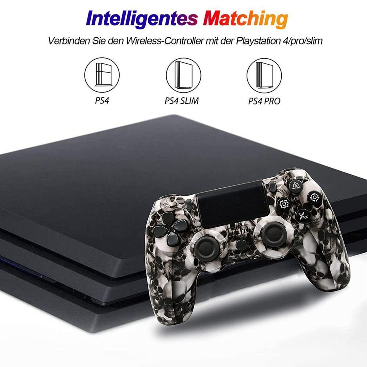 Eine schwarze PlayStation 4 und ein Controller mit Totenkopfmuster.