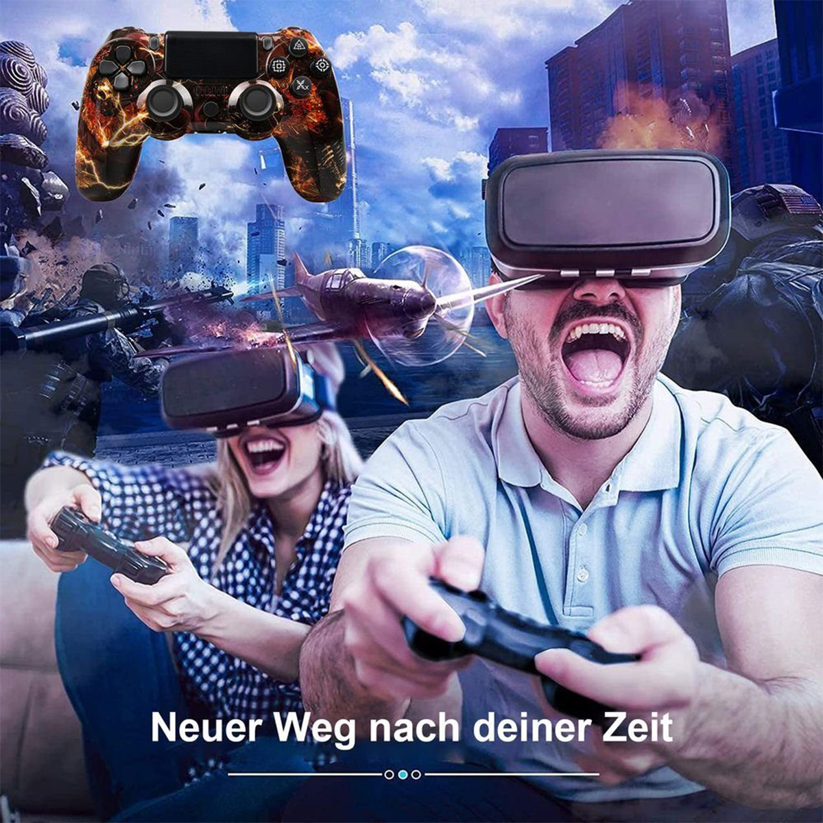 Zwei Personen spielen ein Spiel mit VR-Headsets. Ein Controller mit Flammen-Design ist sichtbar.