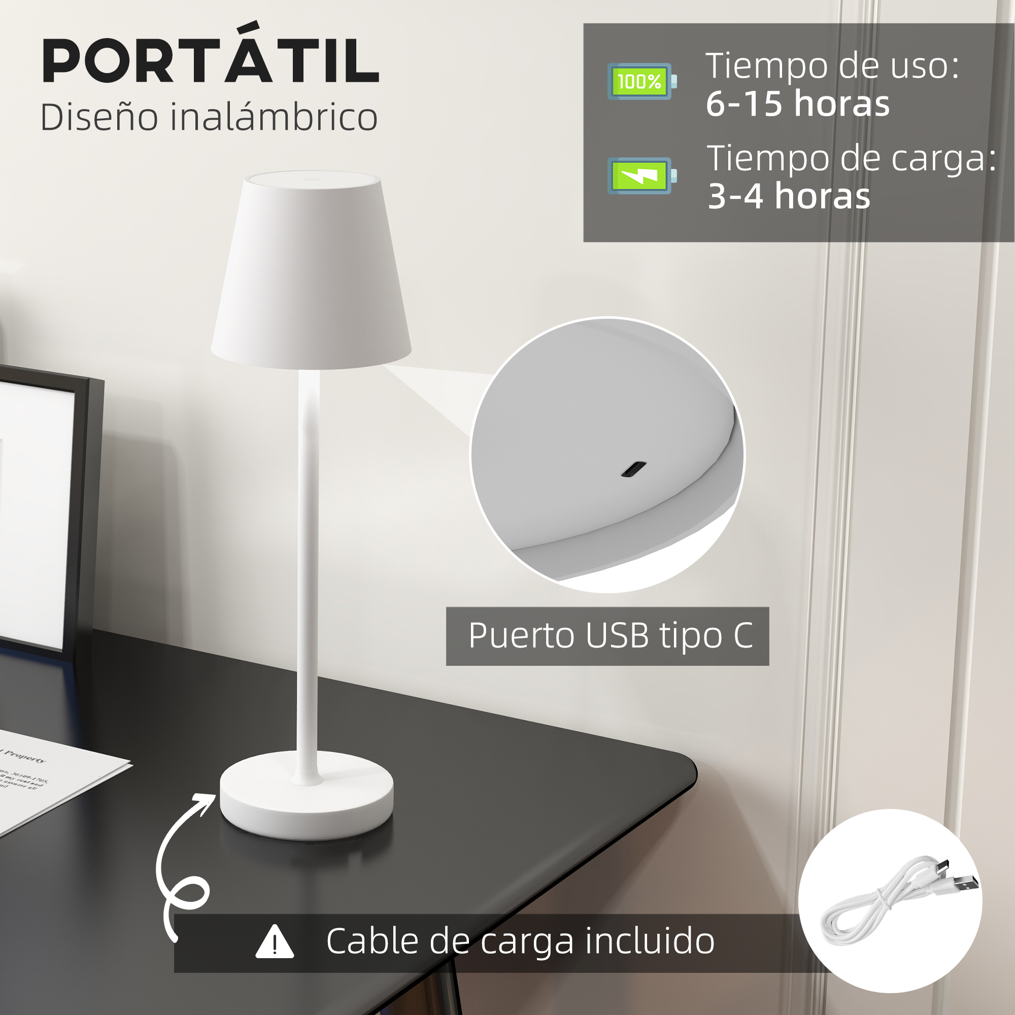 Una lámpara portátil blanca sobre una mesa negra. Una vista detallada del puerto USB-C y un cable de carga.