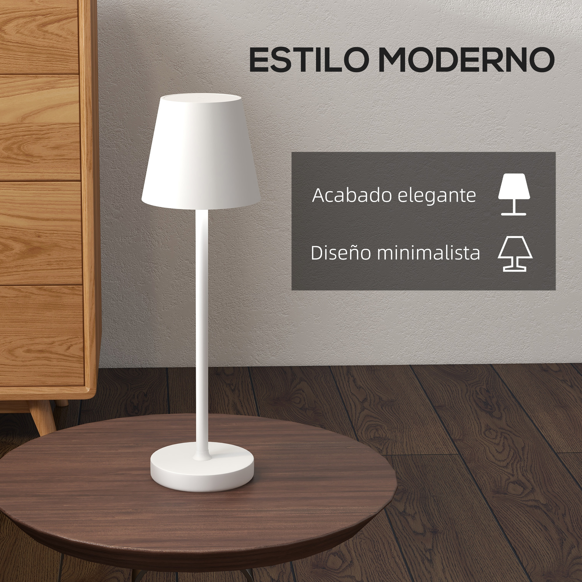 Lámpara de mesa blanca con pantalla cónica. Diseño minimalista. Fondo claro.