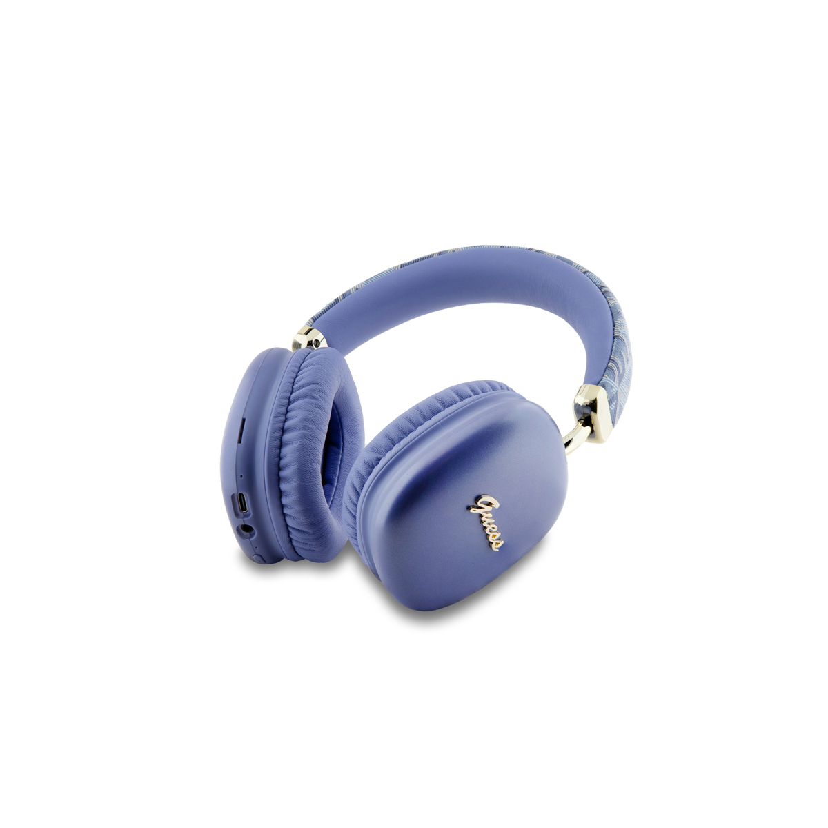 Casque Guess bleu sur fond blanc.