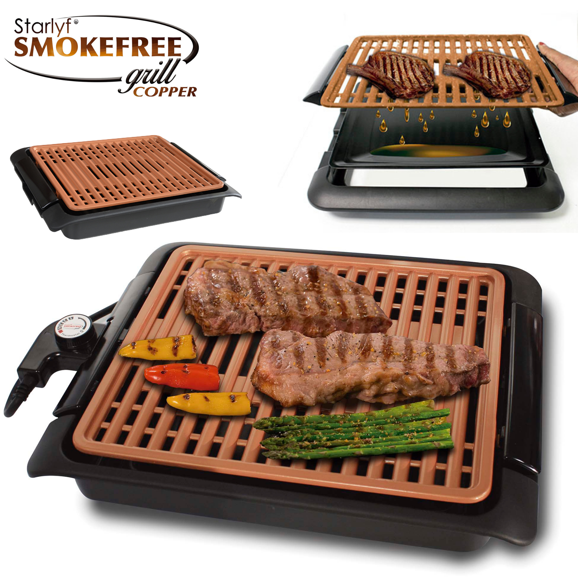 Ein rauchfreier Kupfergrill mit Steaks und Gemüse. Das Bild hat mehrere Ansichten.