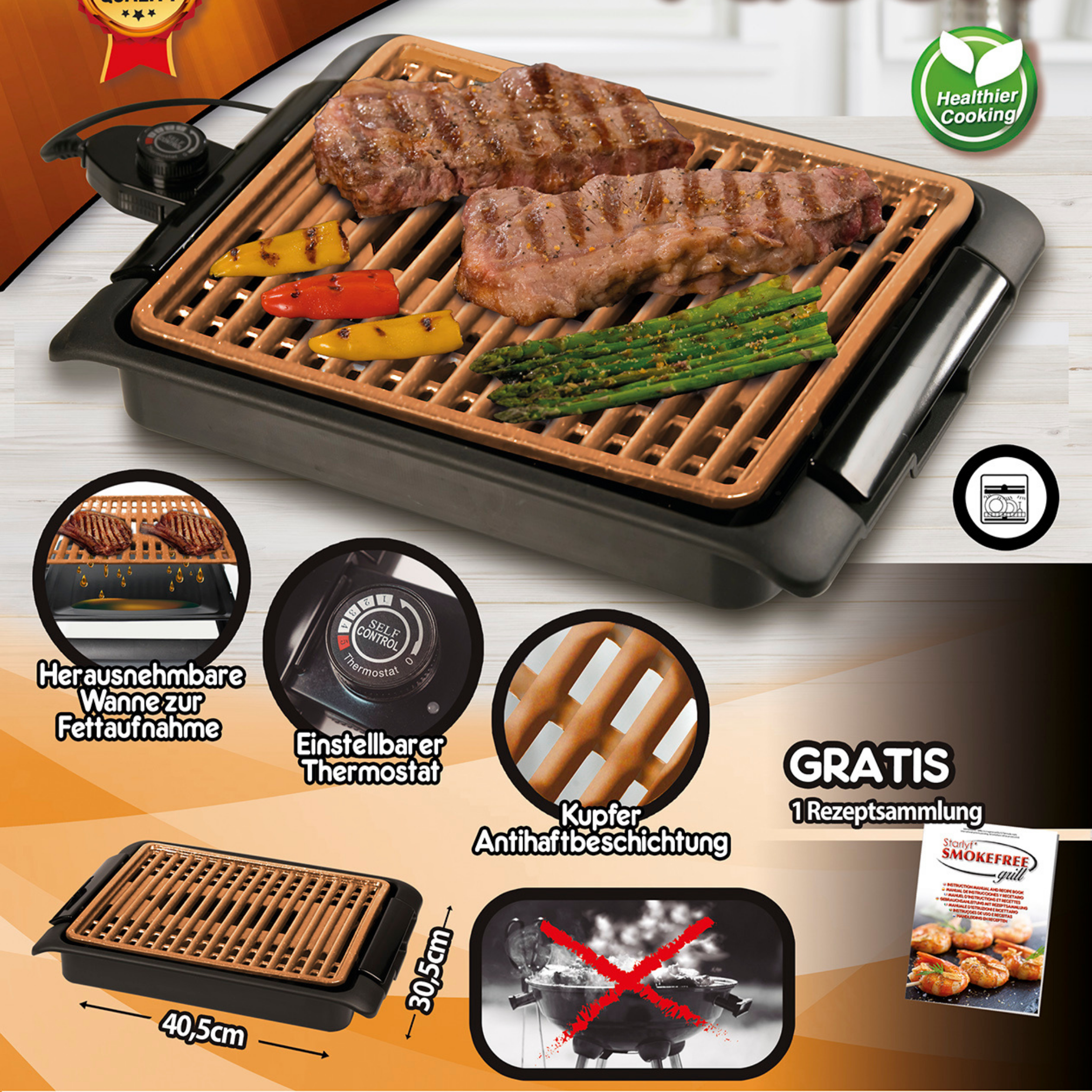Grill mit Steaks, Paprika, Spargel und einem Kontrollrad. Enthält Zubehör und Text.