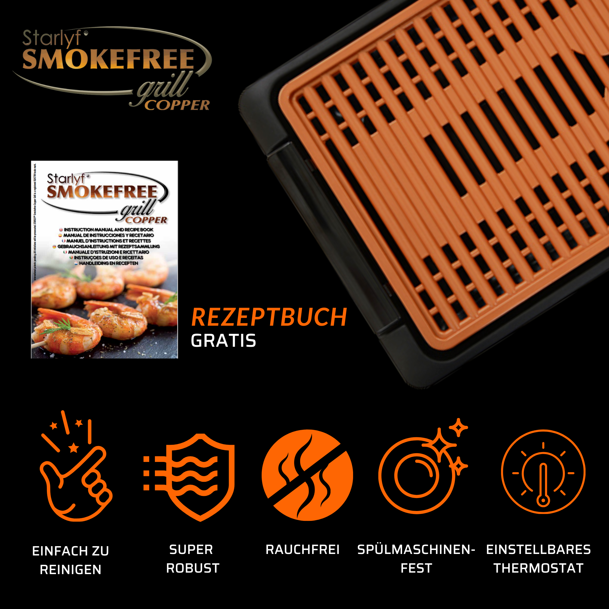 Rauchfreier Grill mit Rezeptbuch. Der Grill ist kupferfarben mit schwarzen Akzenten. Verschiedene Symbole werden gezeigt.