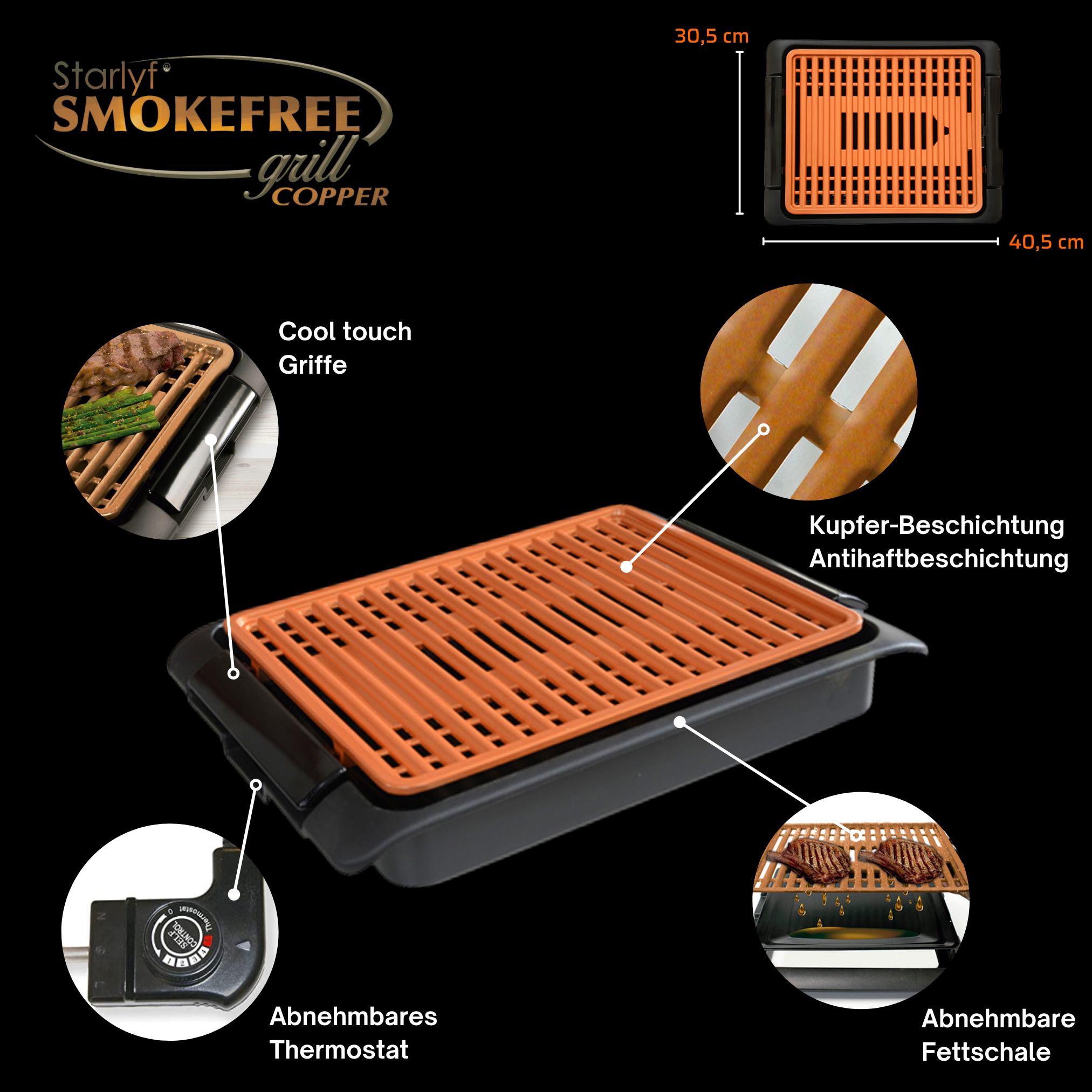 Rauchfreier Kupfergrill mit Details des Grills, des Thermostats und der Fettauffangschale.
