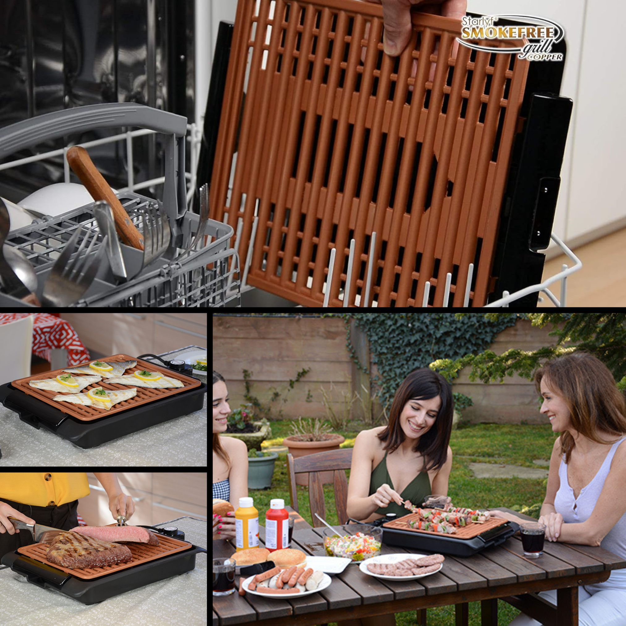 Grill mit Essen und Menschen. Der Grill steht auf einem Tisch. Menschen sitzen an einem Tisch mit Essen und Getränken.