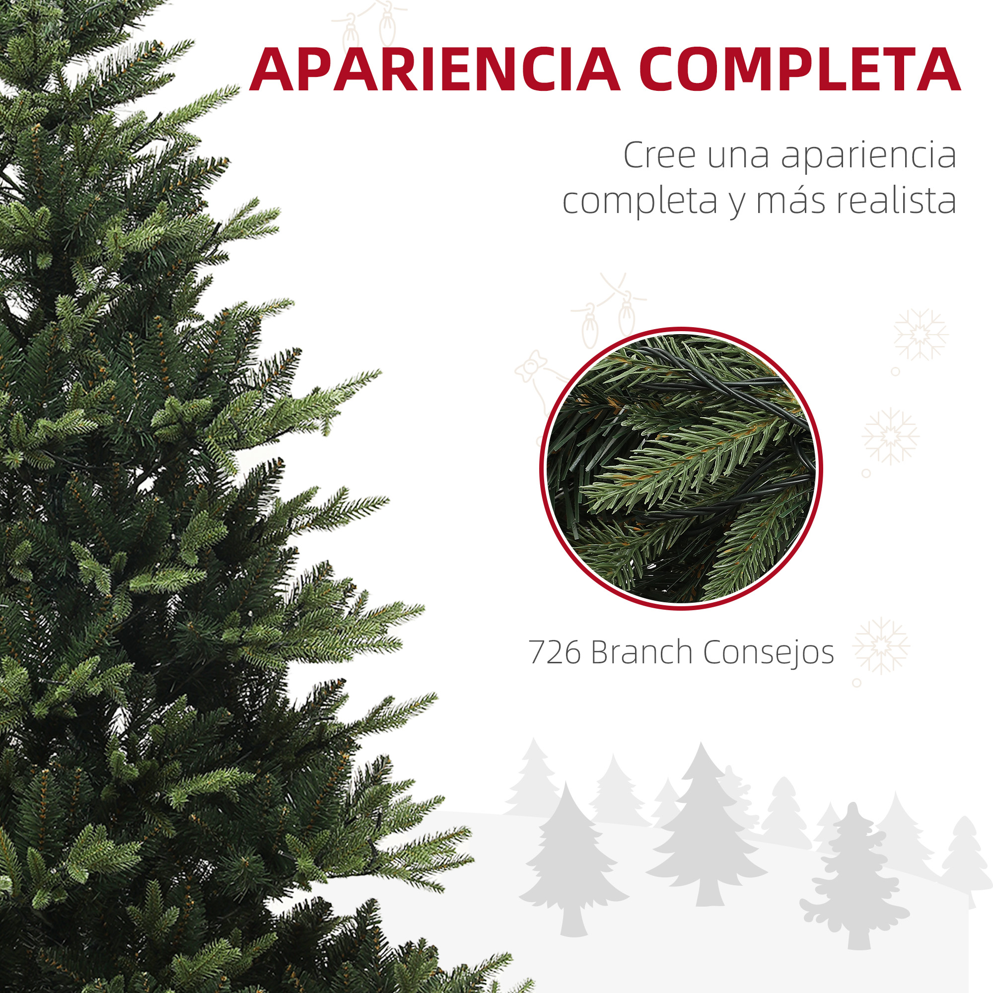 Árbol de Navidad verde con 726 puntas y texto rojo 'APARIENCIA COMPLETA'.