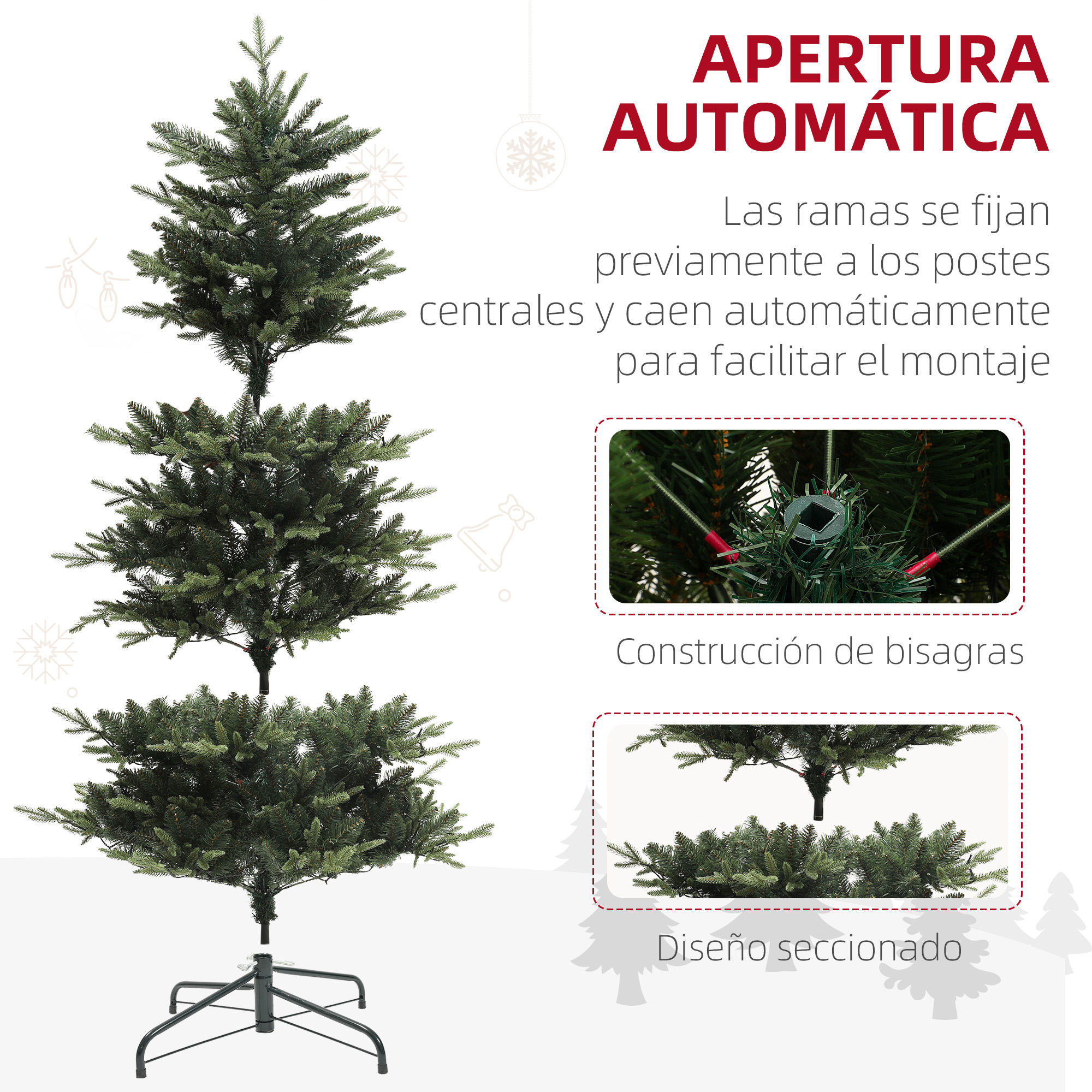 Un árbol de Navidad artificial con apertura automática, mostrando ramas y bisagras. Fondo blanco.
